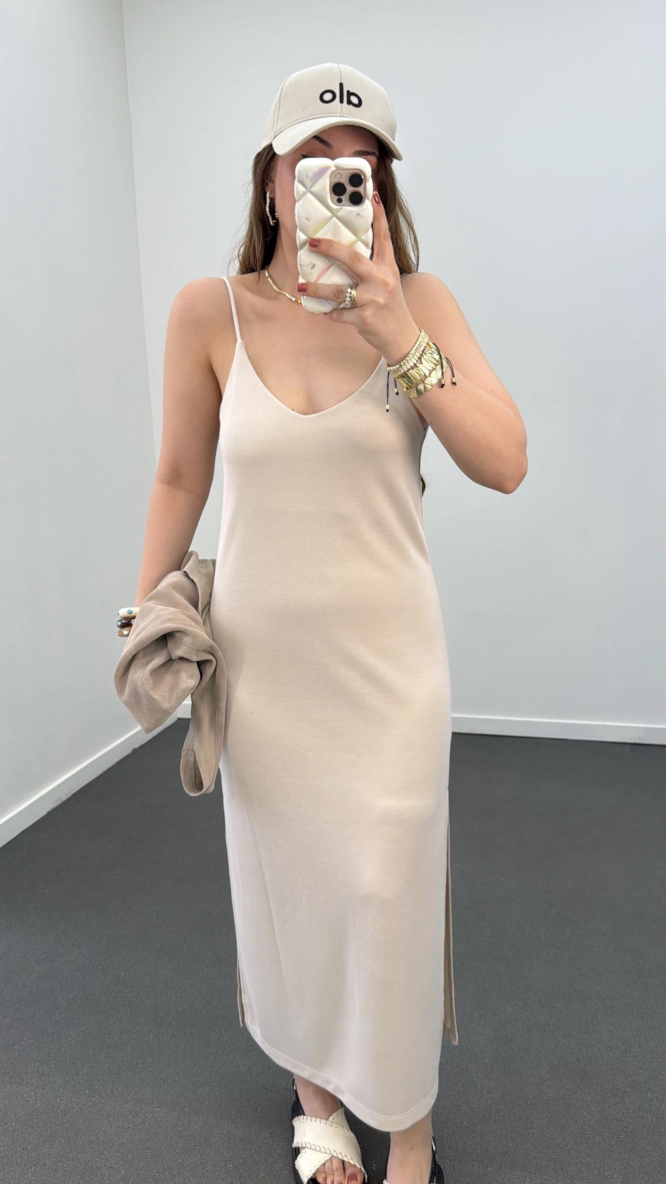 Joana Bej Askılı Modal Kumaş Midi Elbise