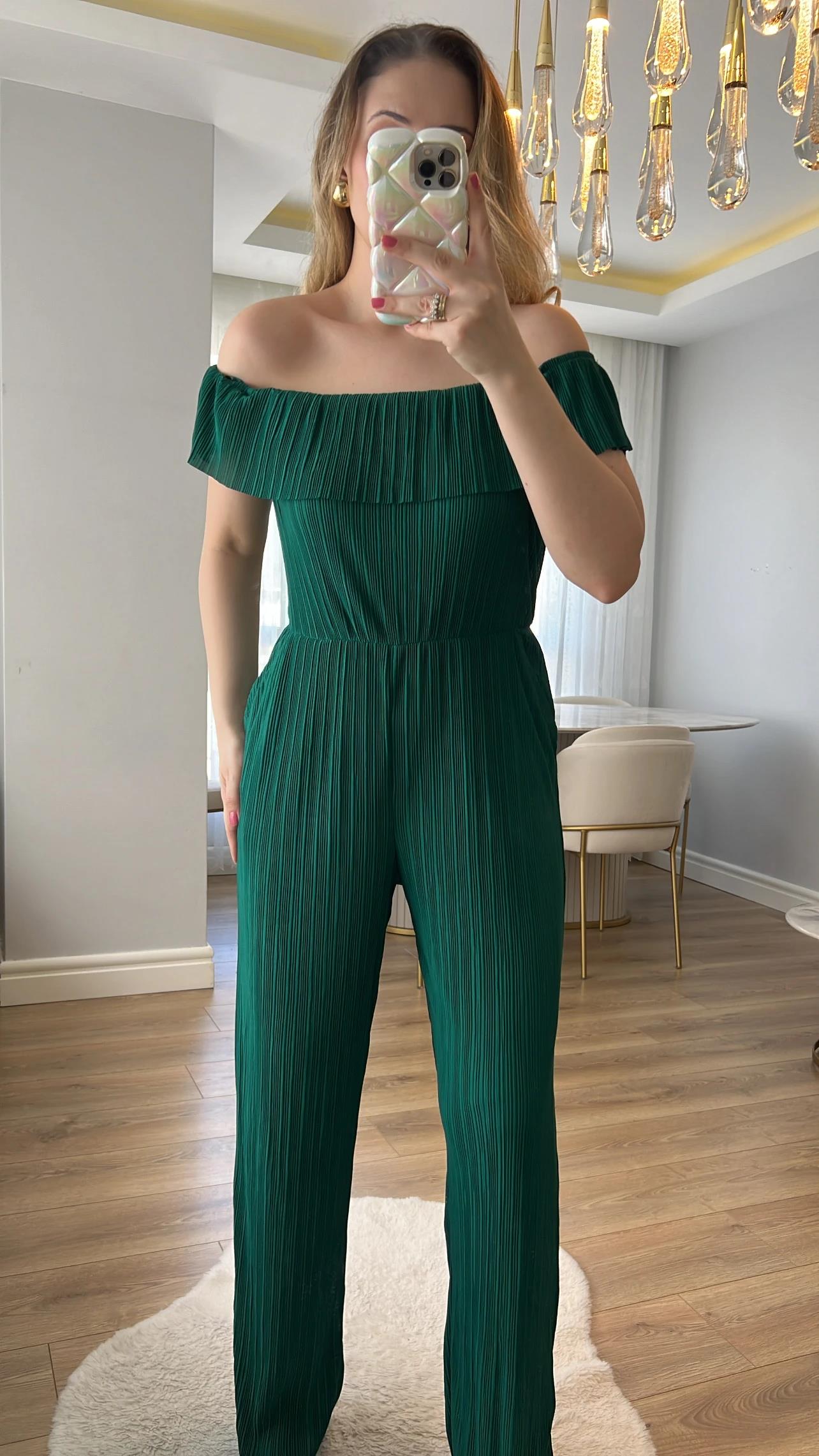 Jorge Zümrüt Yeşili Pileli Tulum