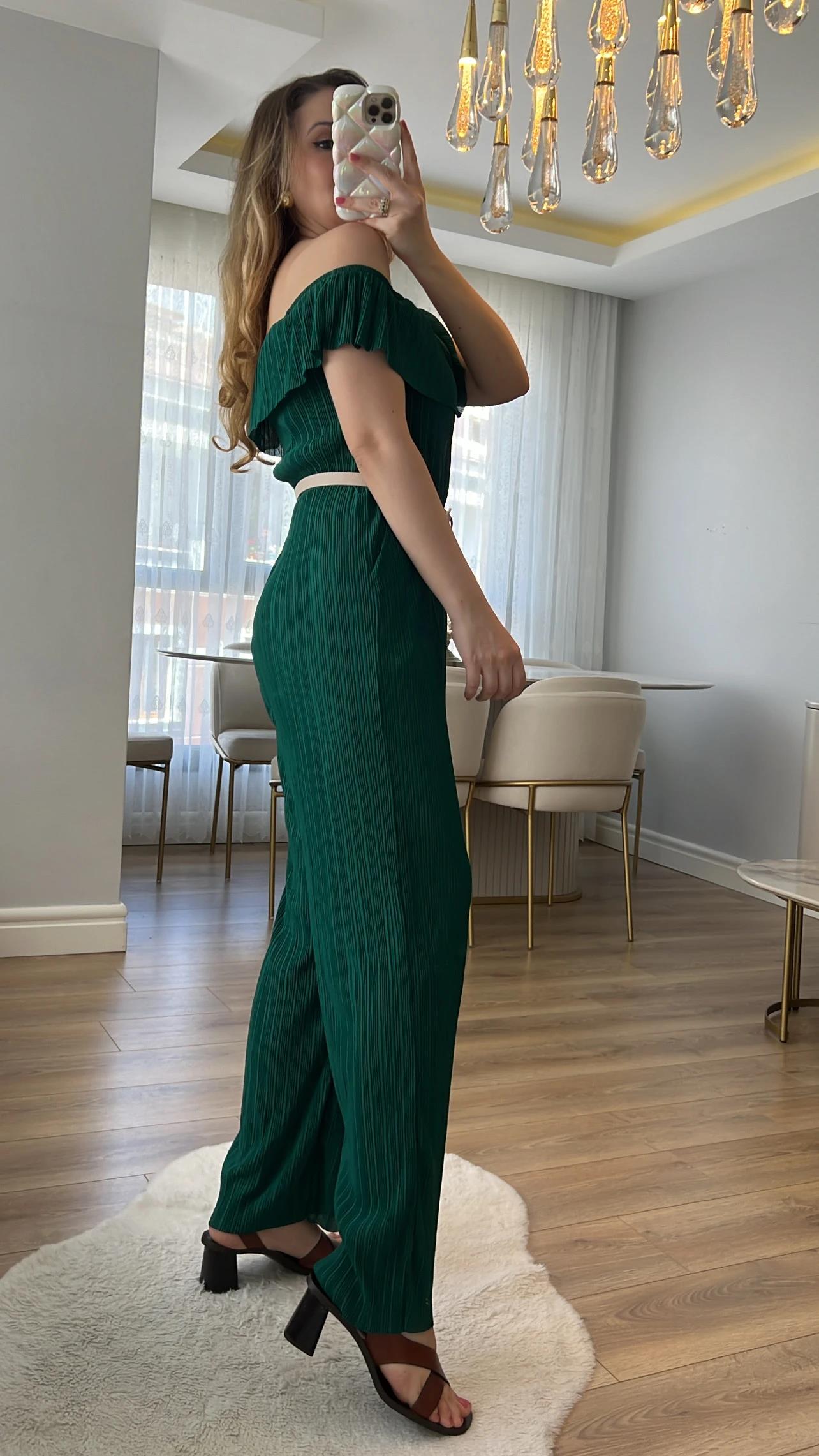 Jorge Zümrüt Yeşili Pileli Tulum