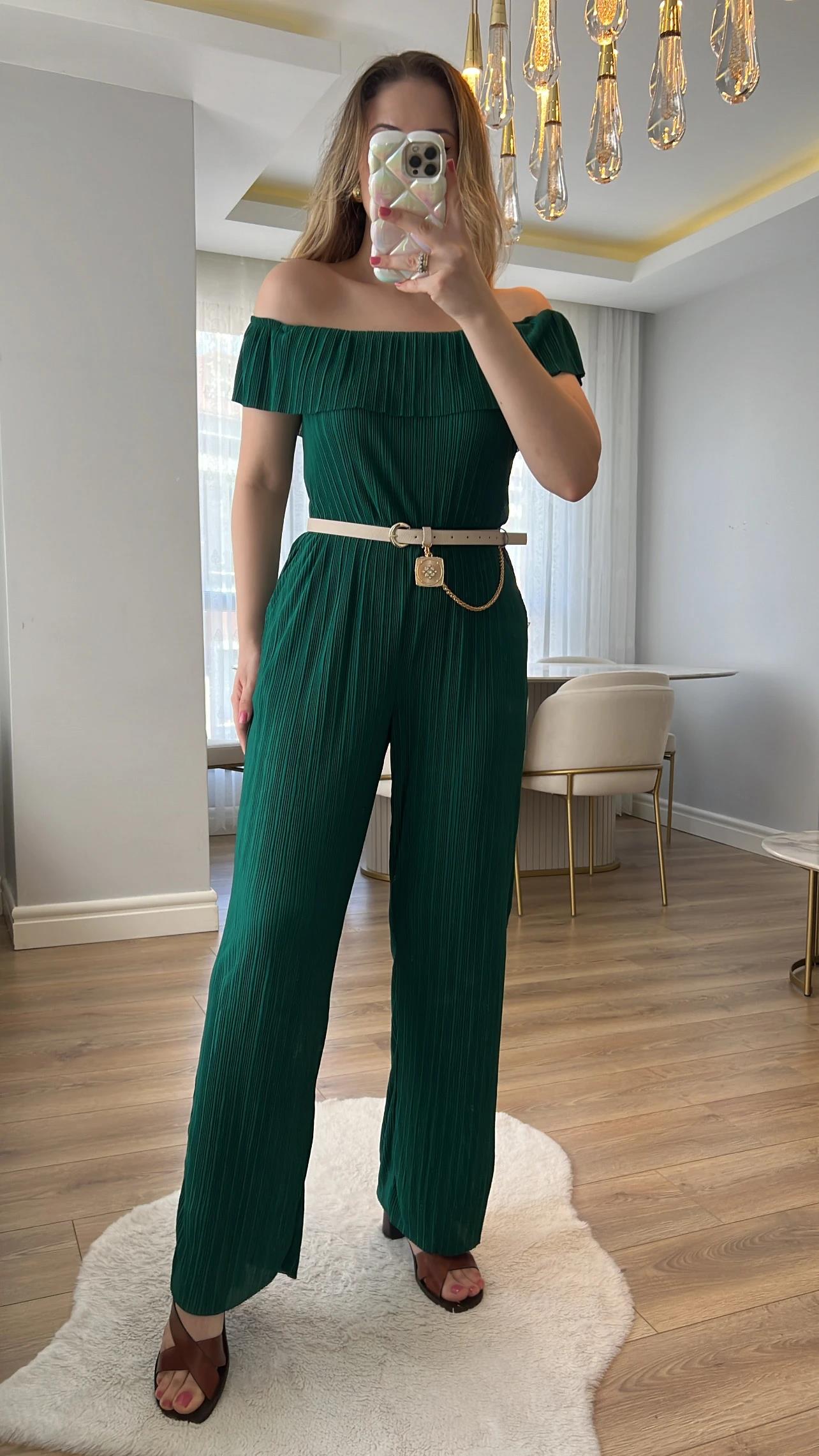 Jorge Zümrüt Yeşili Pileli Tulum