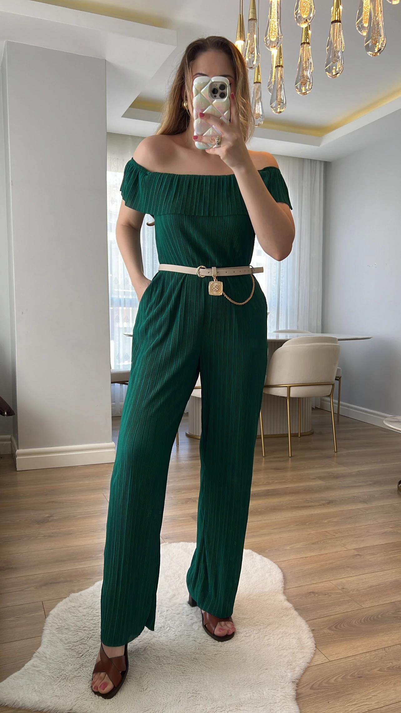 Jorge Zümrüt Yeşili Pileli Tulum