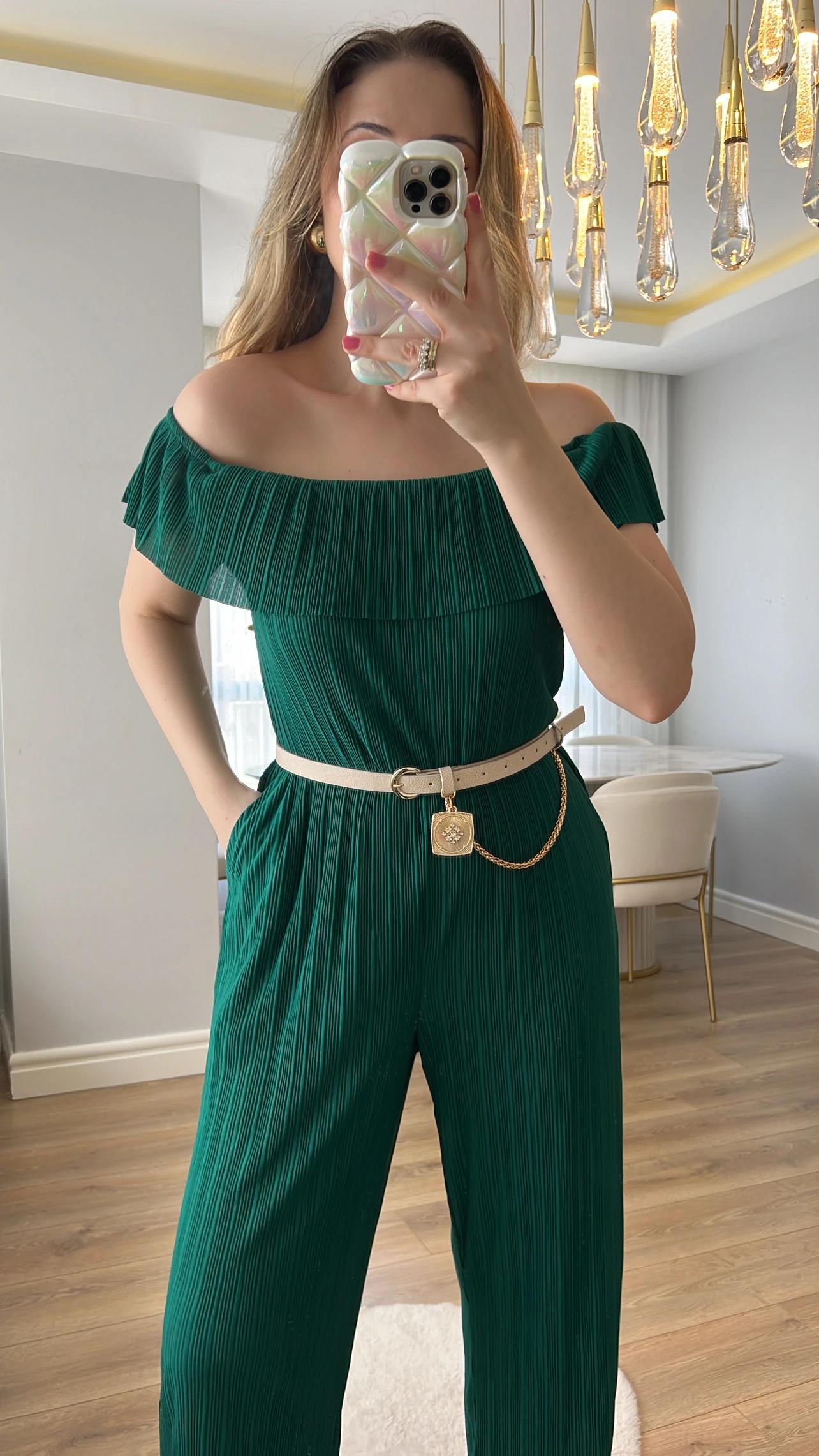 Jorge Zümrüt Yeşili Pileli Tulum