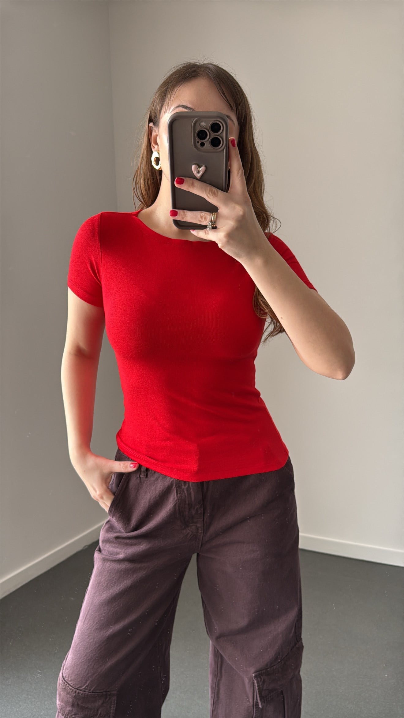 Judy Kırmızı Oval Yaka Yumuşak Likralı Body
