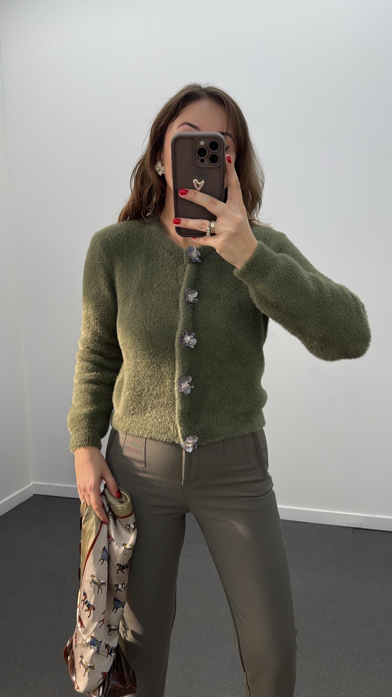 June Yeşil Çiçek Çıtçıt Düğme Detaylı Triko Hırka