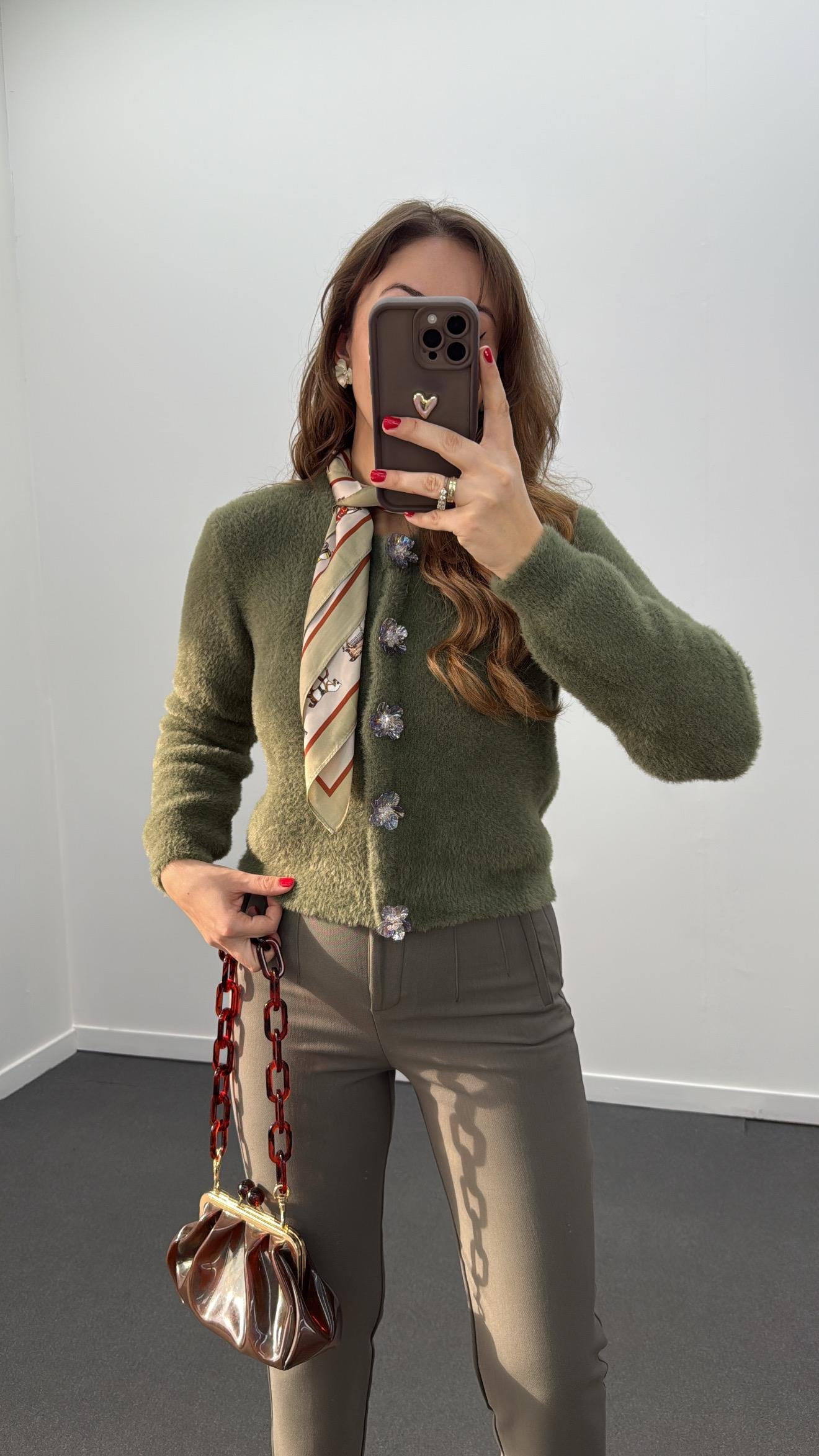 June Yeşil Çiçek Çıtçıt Düğme Detaylı Triko Hırka