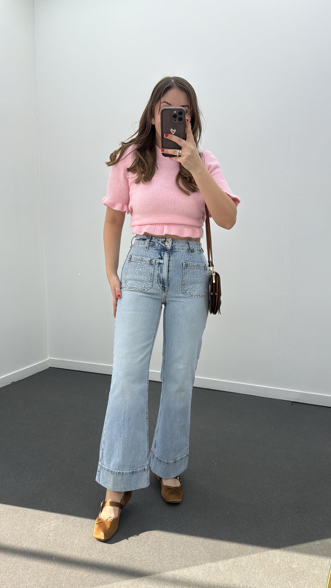 Kaia Önü Cepli Taş Aksesuarlı Yarım Flare Jeans