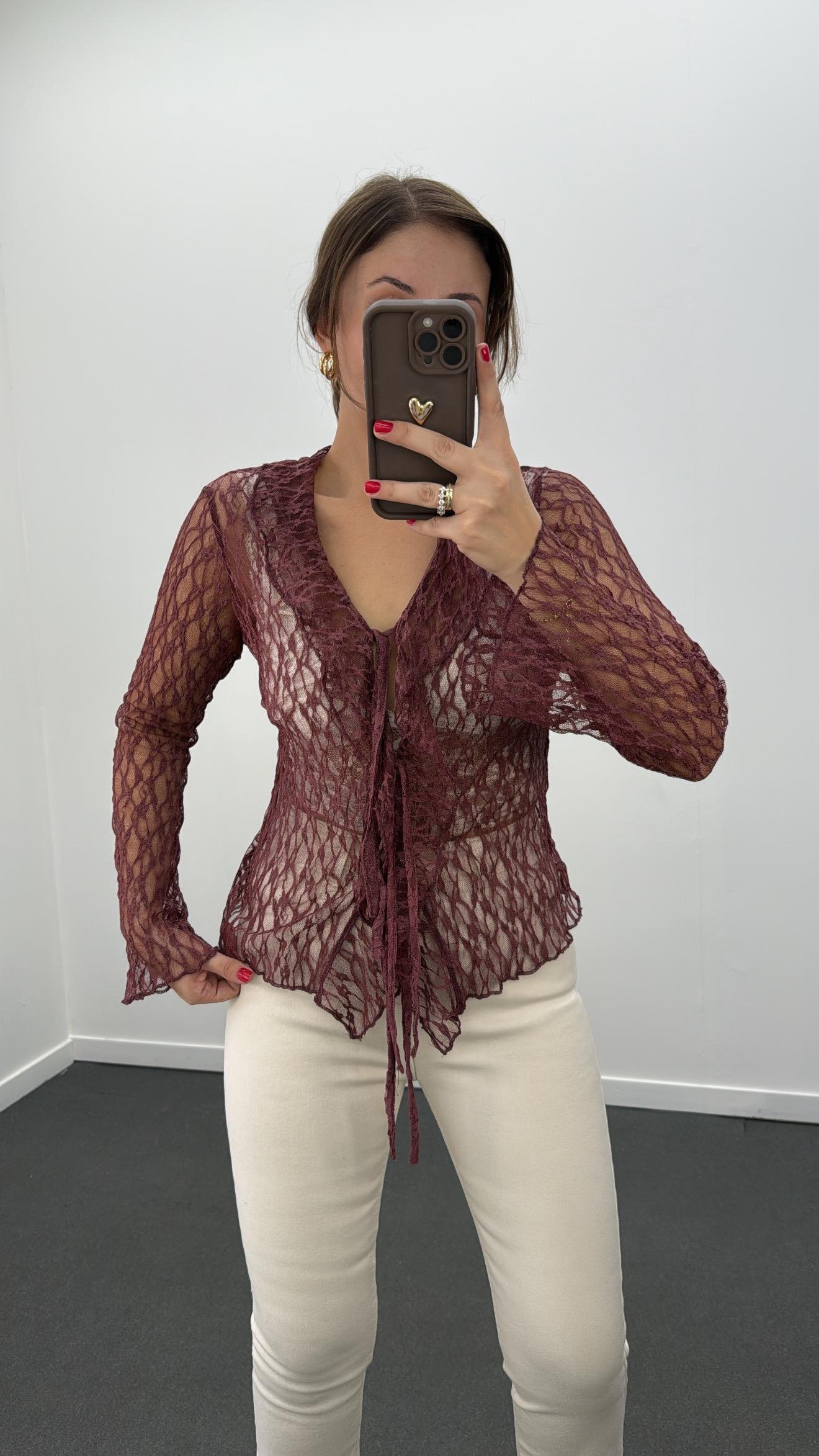 Kaıden Bordo Yakası Volanlı Dantel Bluz