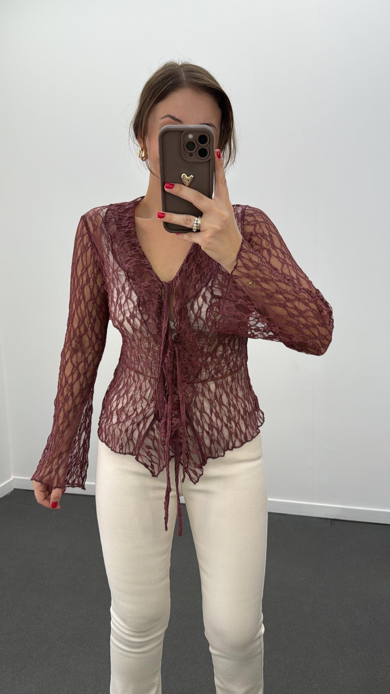 Kaıden Bordo Yakası Volanlı Dantel Bluz
