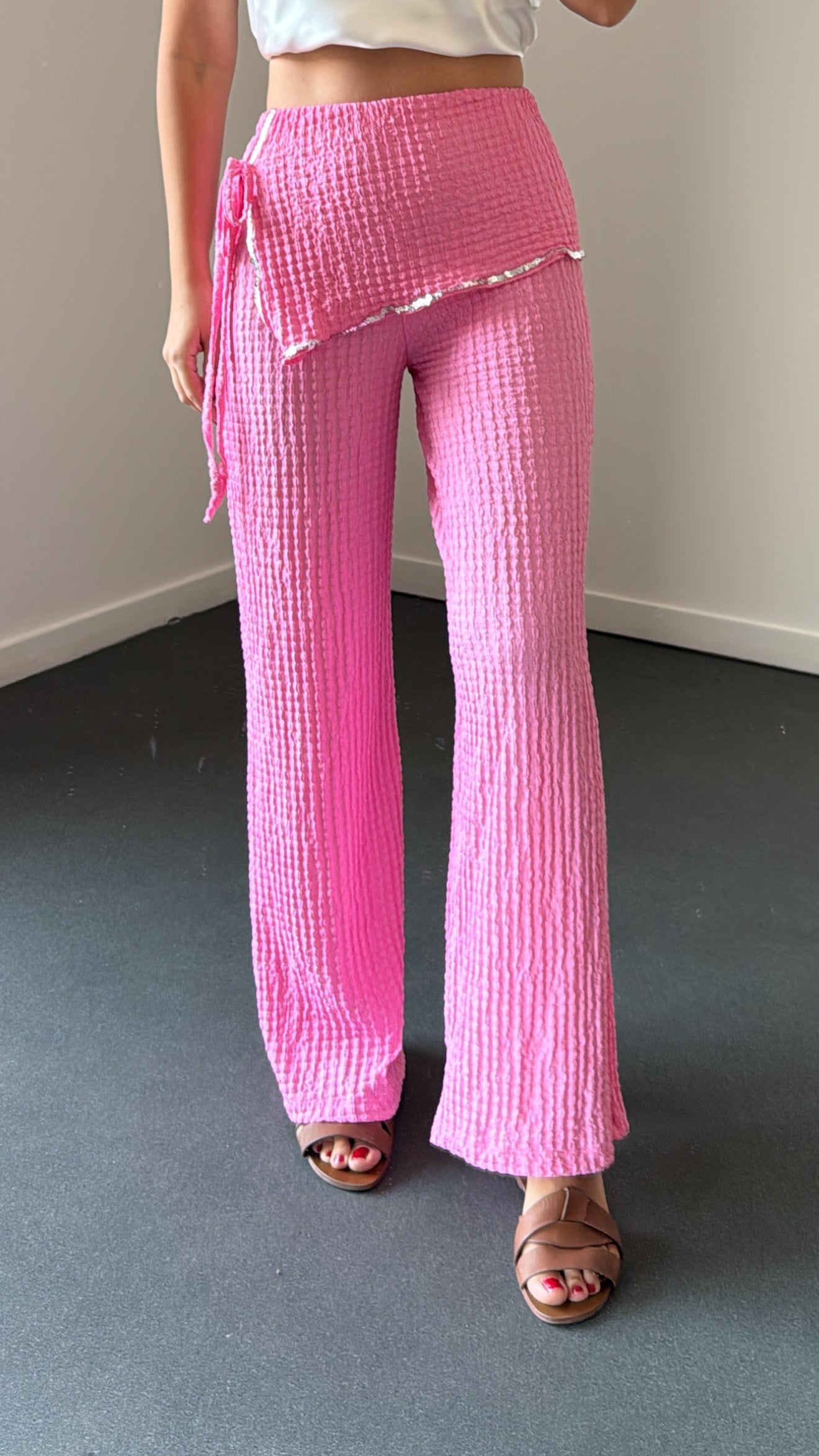 Kaori Pembe Bel Kemerli Bürümcük Kumaş Pantolon