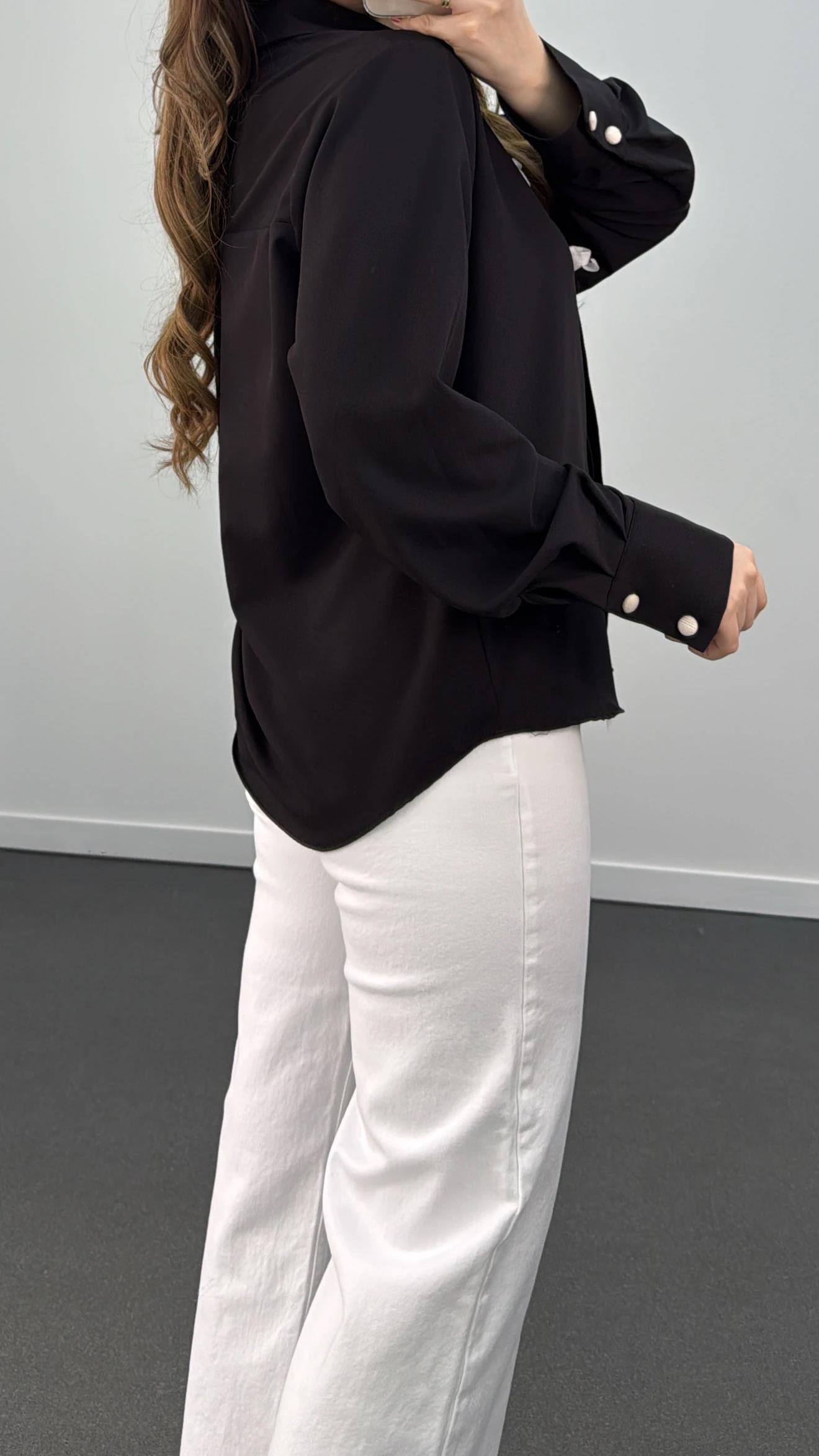 Karsu Siyah Kadife Fiyonklu Gömlek