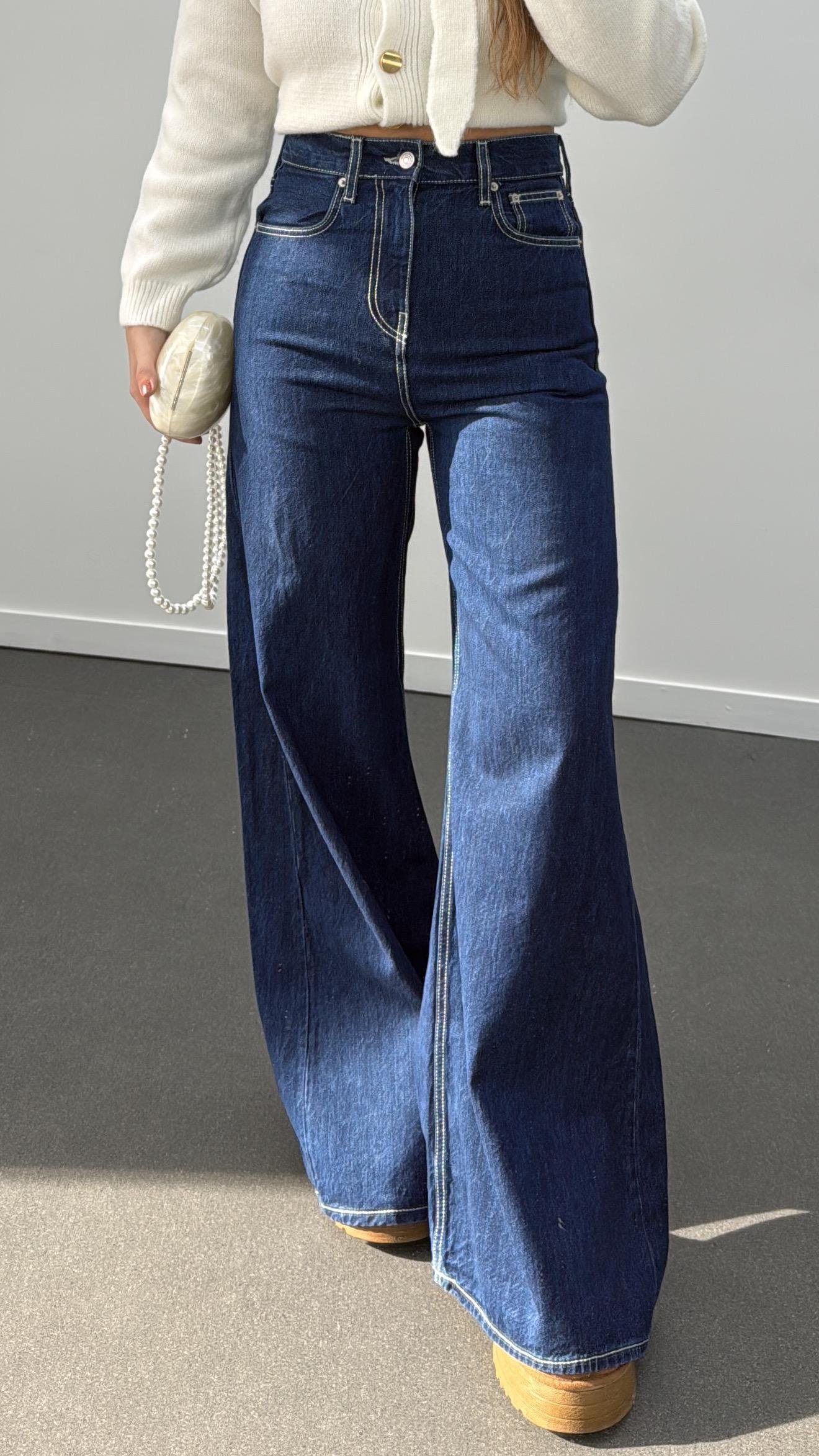 Kiev Lacivert Kontrast Dikişli Ultra Yüksek Bel Palazzo Jean