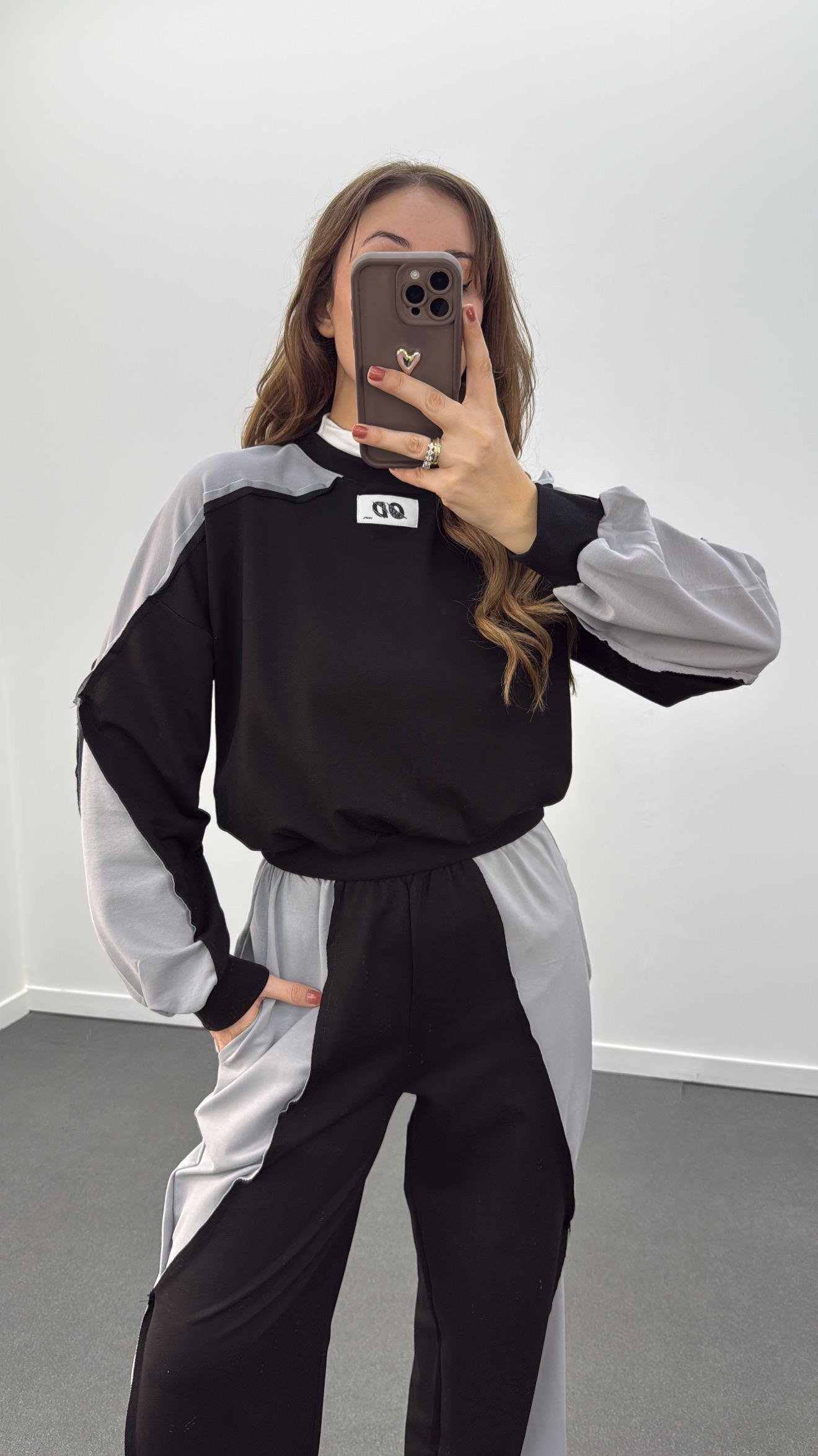 Kindsey Siyah Mix Kumaş Modal Sweat Ve Pantolon Takımı