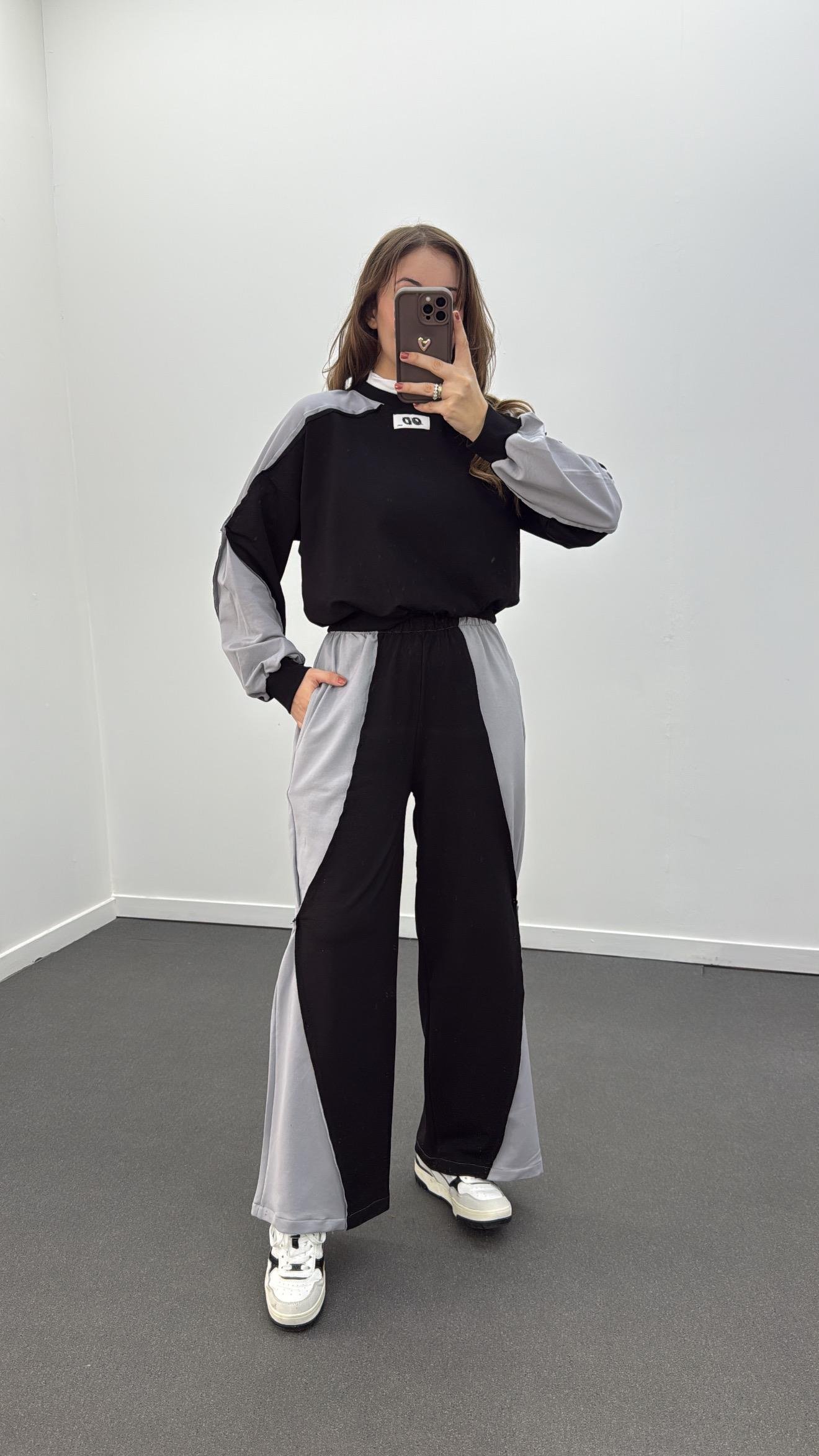 Kindsey Siyah Mix Kumaş Modal Sweat Ve Pantolon Takımı