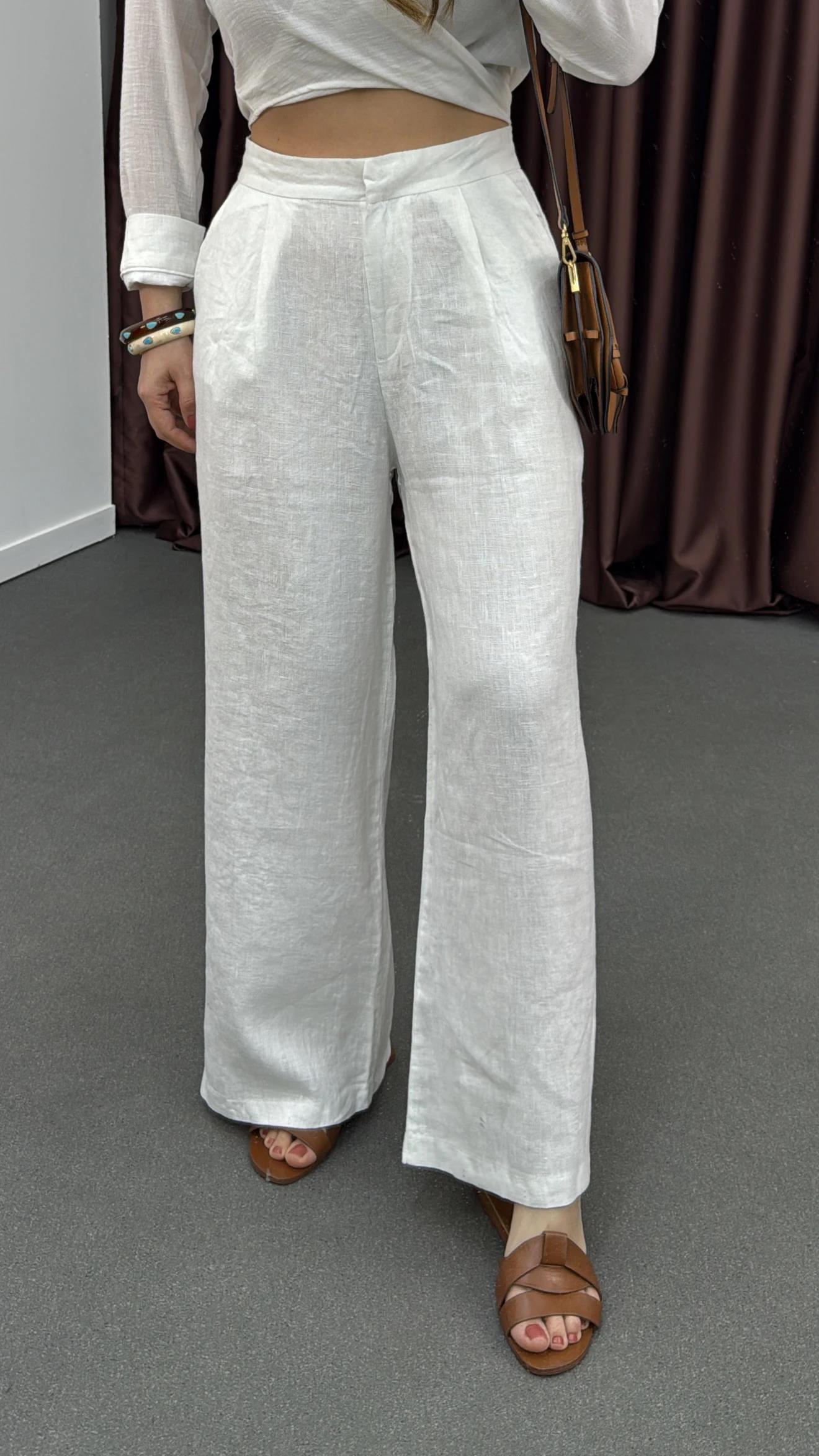 Kira Beyaz Pileli %100 Keten Kumaş Palazzo Pantolon
