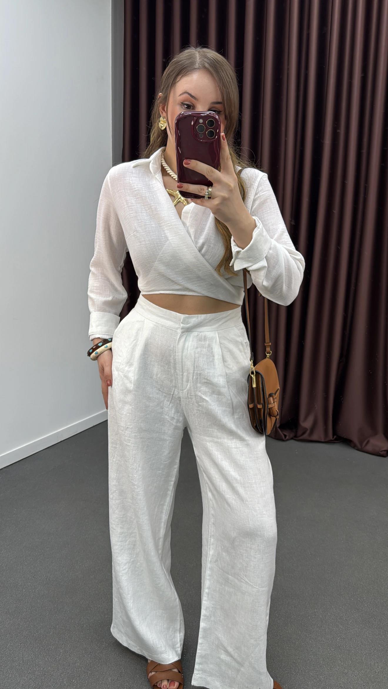 Kira Beyaz Pileli %100 Keten Kumaş Palazzo Pantolon