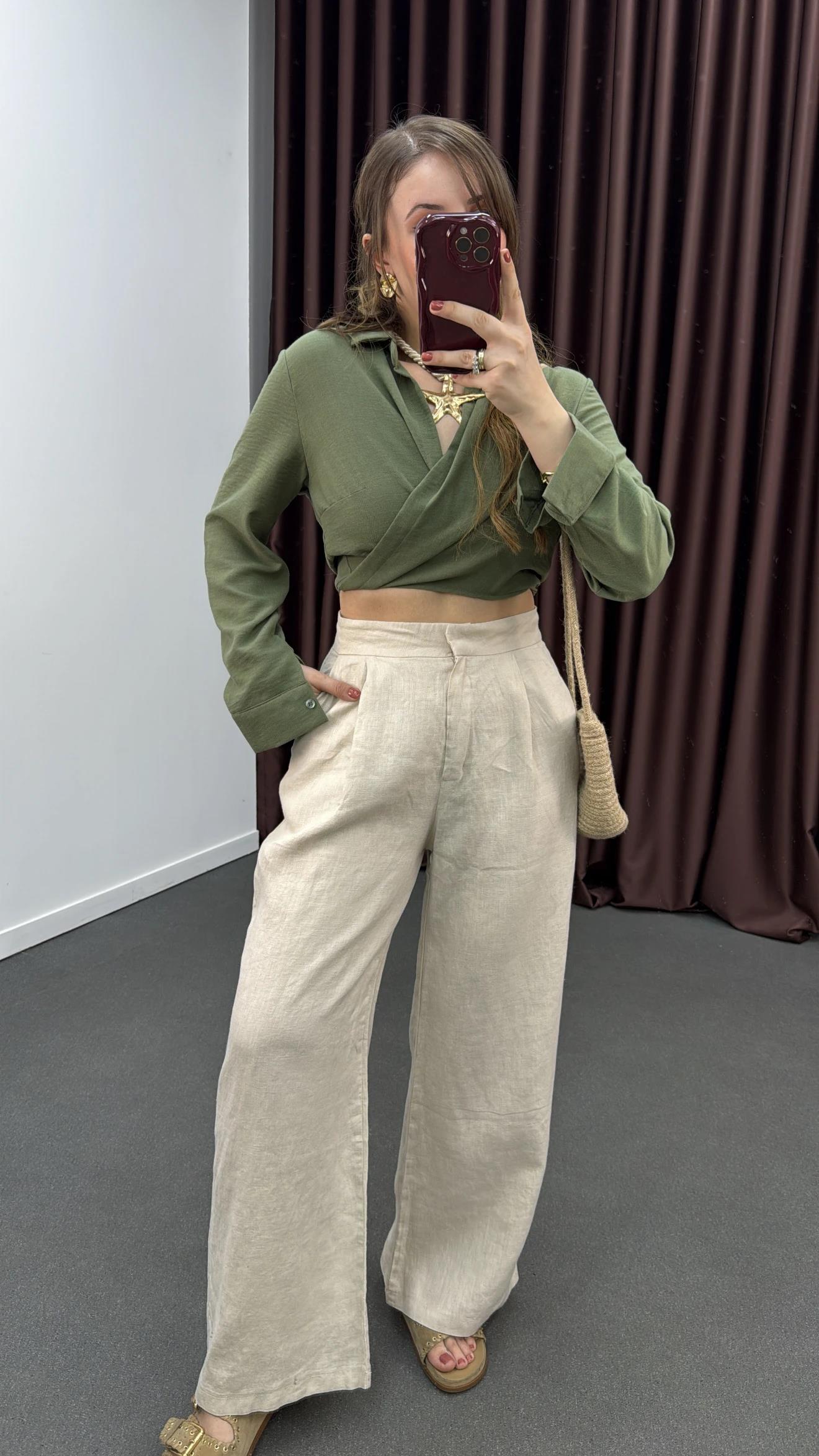 Kira Krem Pileli %100 Keten Kumaş Palazzo Pantolon