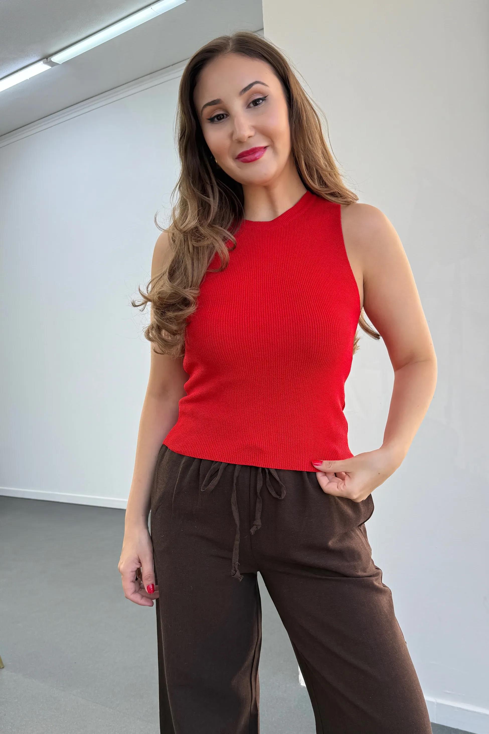 Kırmızı Bisiklet Yaka Selanik Kumaş Likralı Atlet