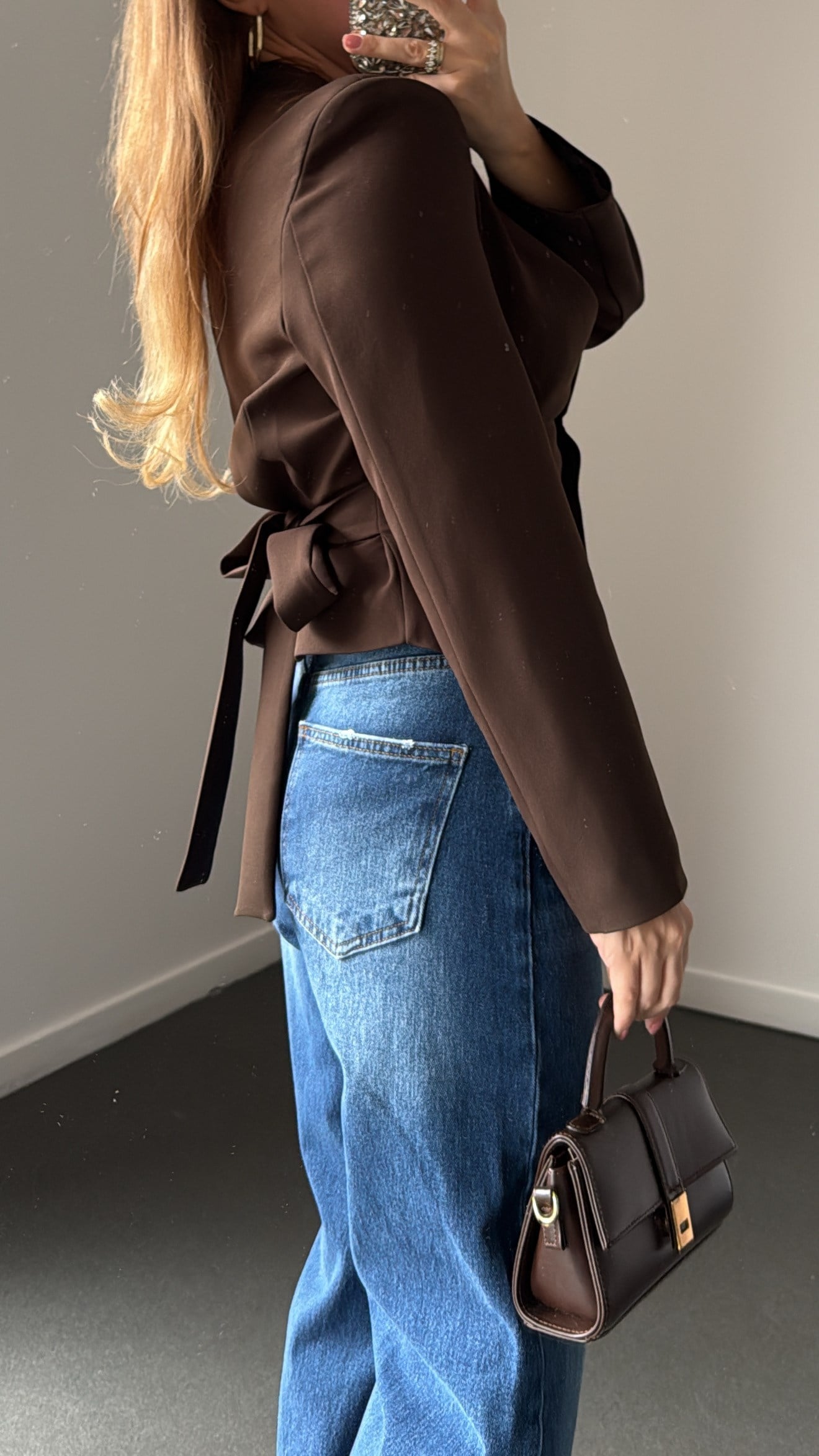 Kümele Kahve Düğmeli Beli Bağlamalı Blazer Ceket