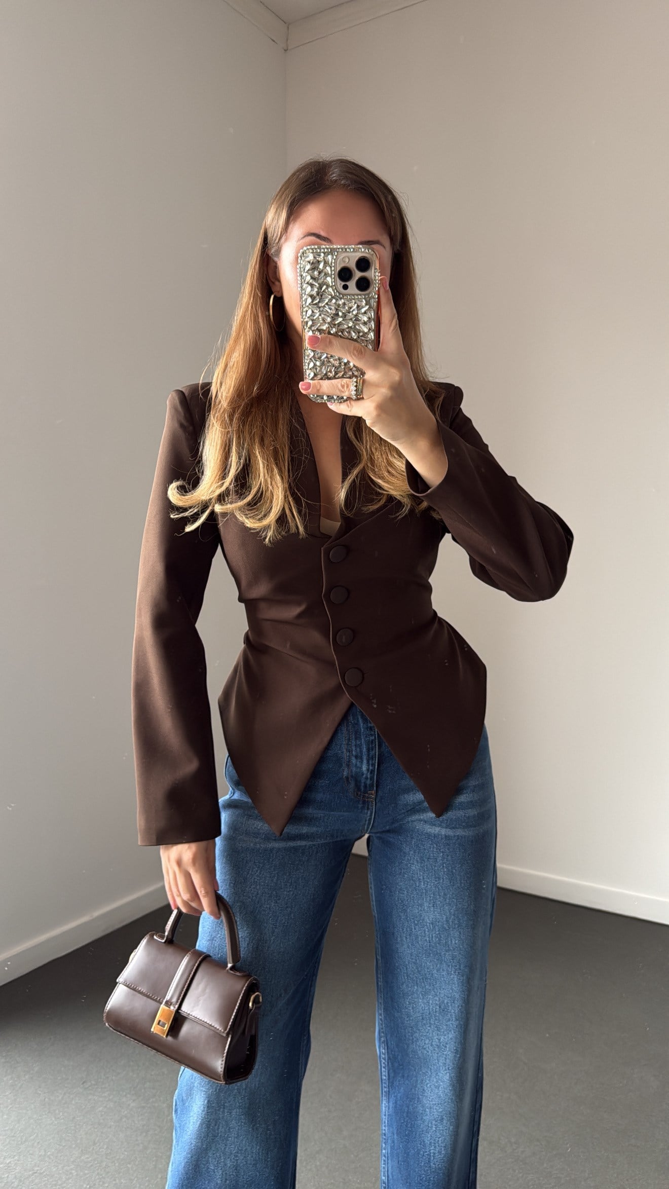 Kümele Kahve Düğmeli Beli Bağlamalı Blazer Ceket