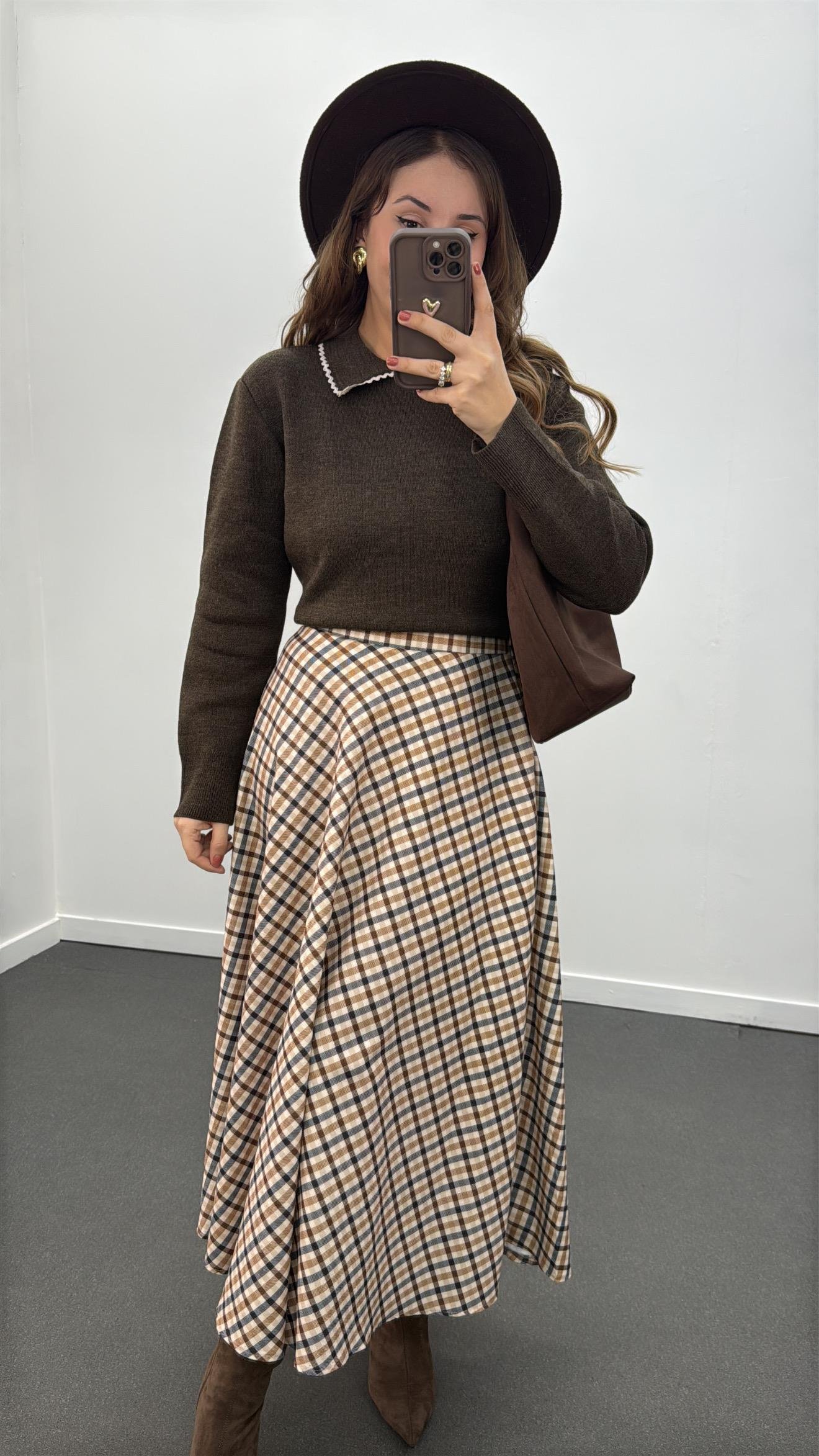 Lahore Kahve Bej Ekoseli Maxi Etek 