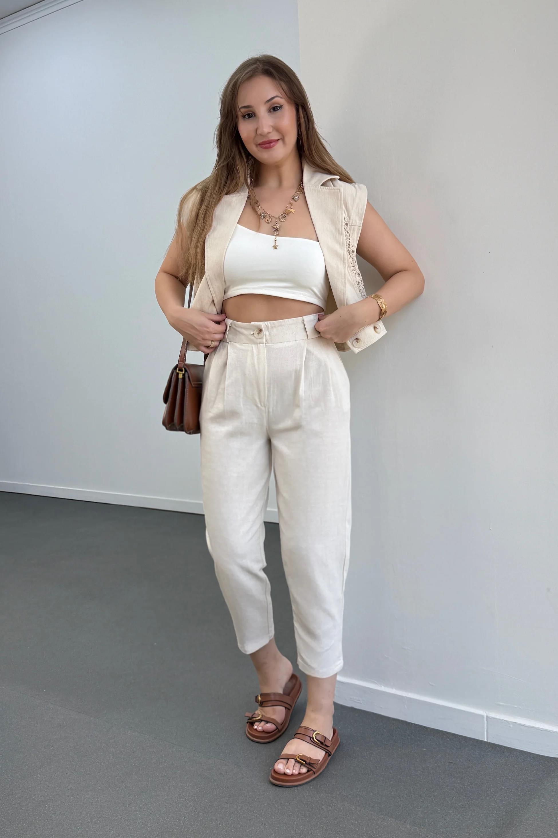 Larissa Taş Renk Keten %100 Pamuk Pantolon