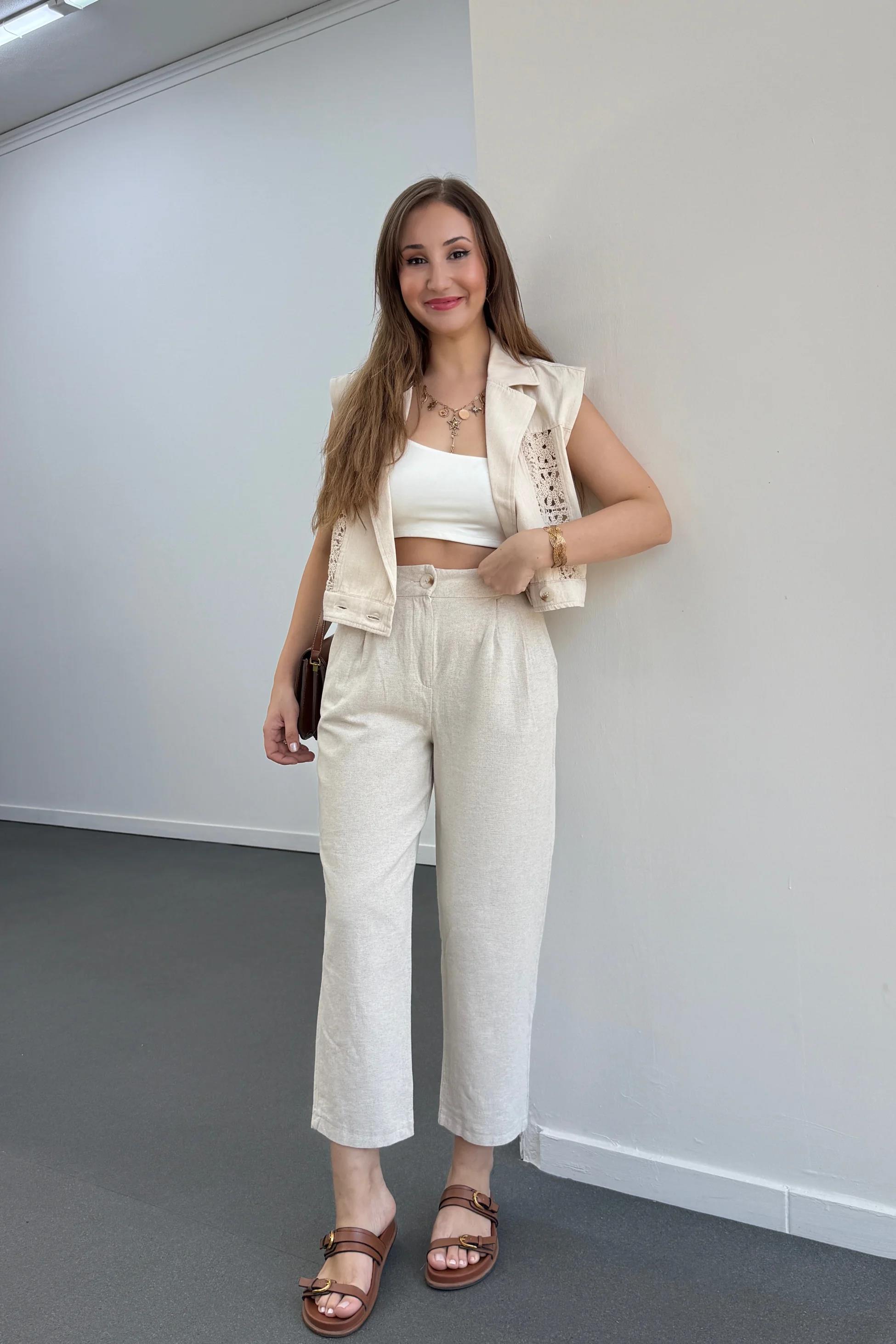 Larissa Taş Renk Keten %100 Pamuk Pantolon