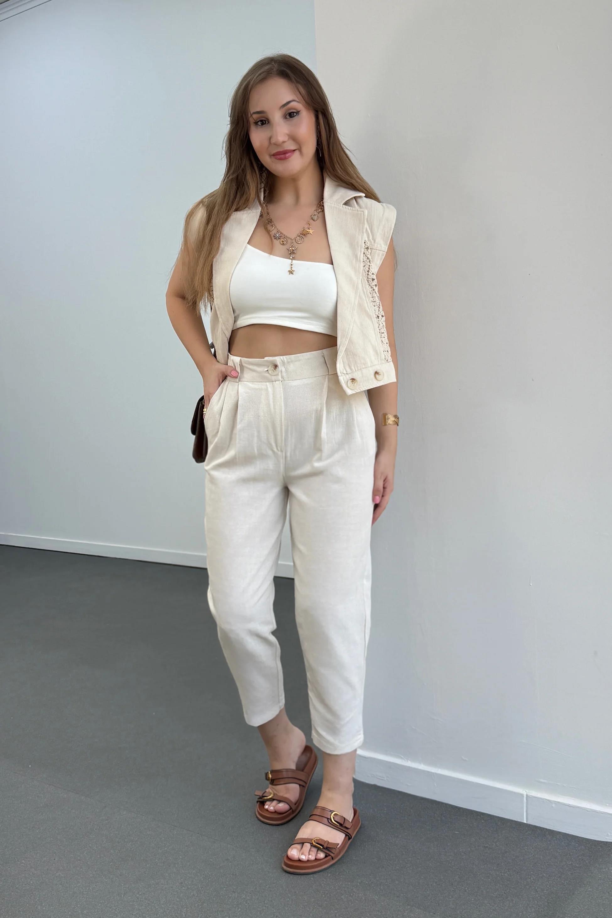 Larissa Taş Renk Keten %100 Pamuk Pantolon