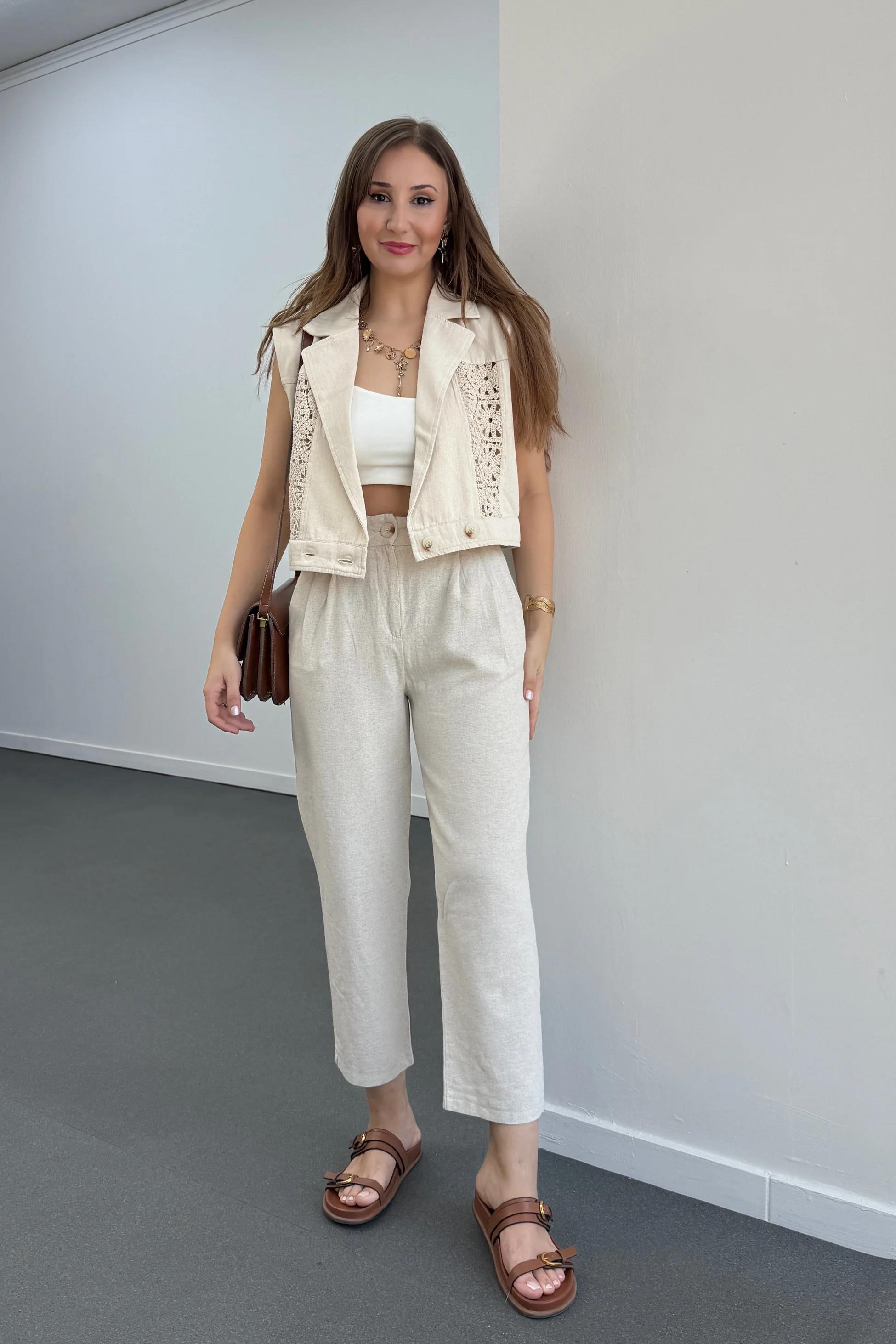 Larissa Taş Renk Keten %100 Pamuk Pantolon