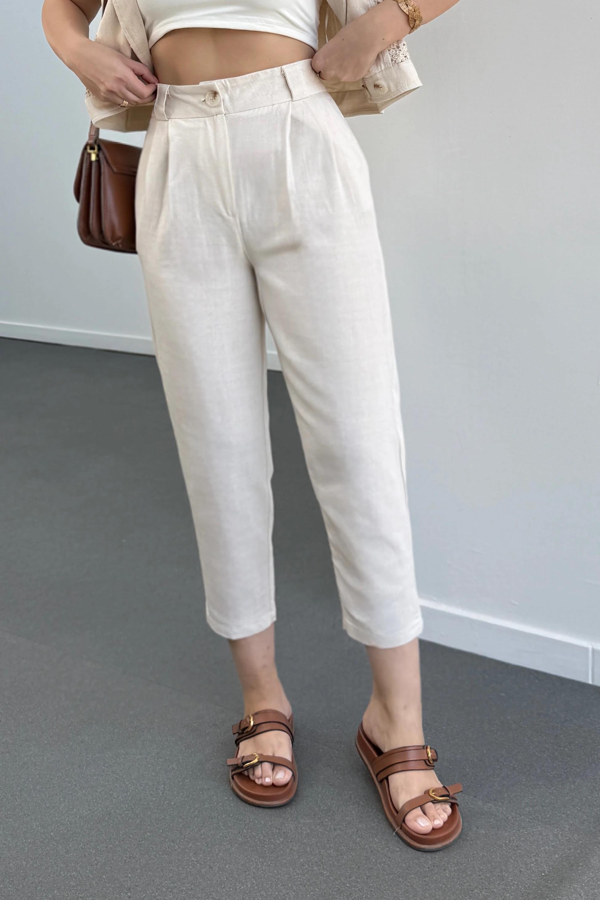 Larissa Taş Renk Keten %100 Pamuk Pantolon