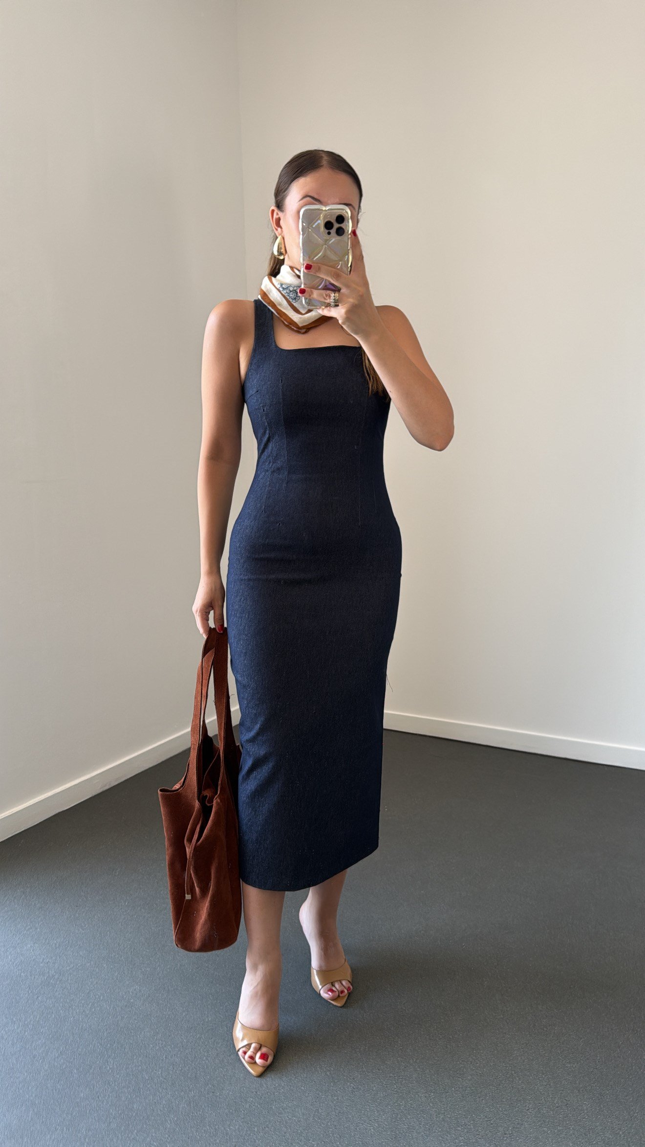 Layla Dark Blue Kalem Denim Elbise