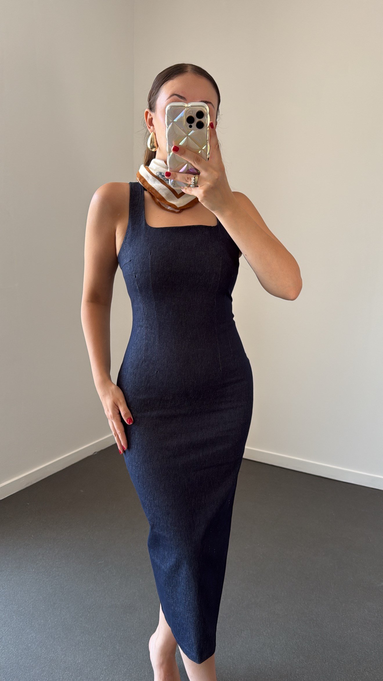 Layla Dark Blue Kalem Denim Elbise