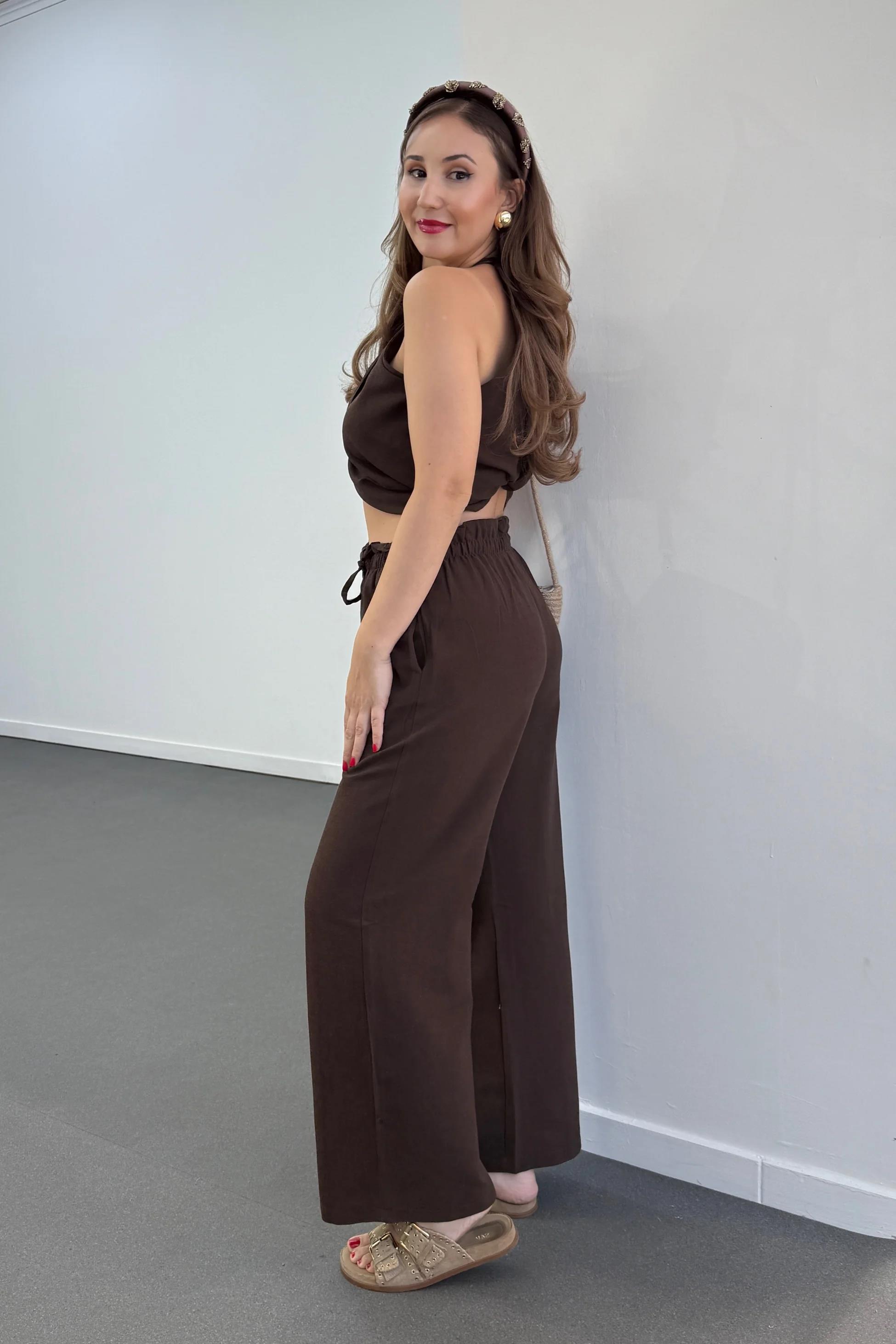 Lenora Kahverengi Keten Kruvaze Halter Yaka Bluz Ve Pantolon Takım