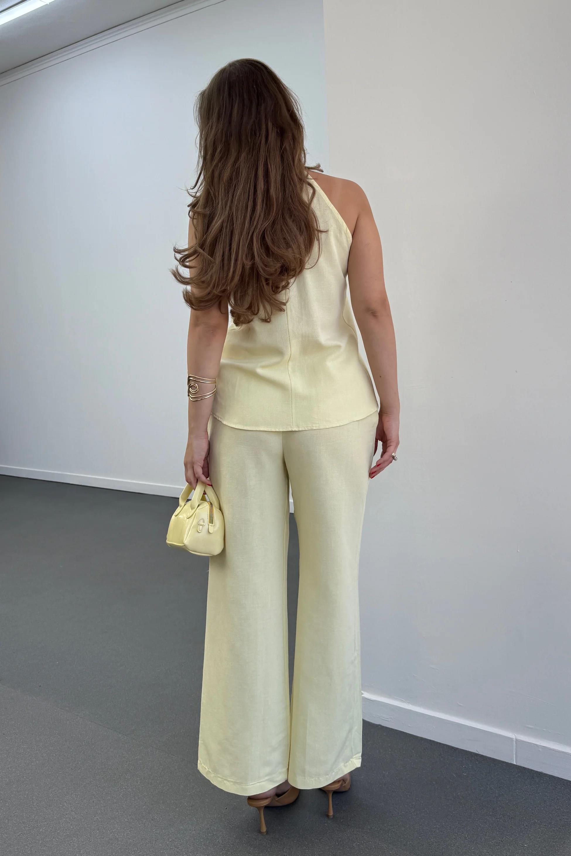 Lenora Sarı Keten Kruvaze Halter Yaka Bluz Ve Pantolon Takım