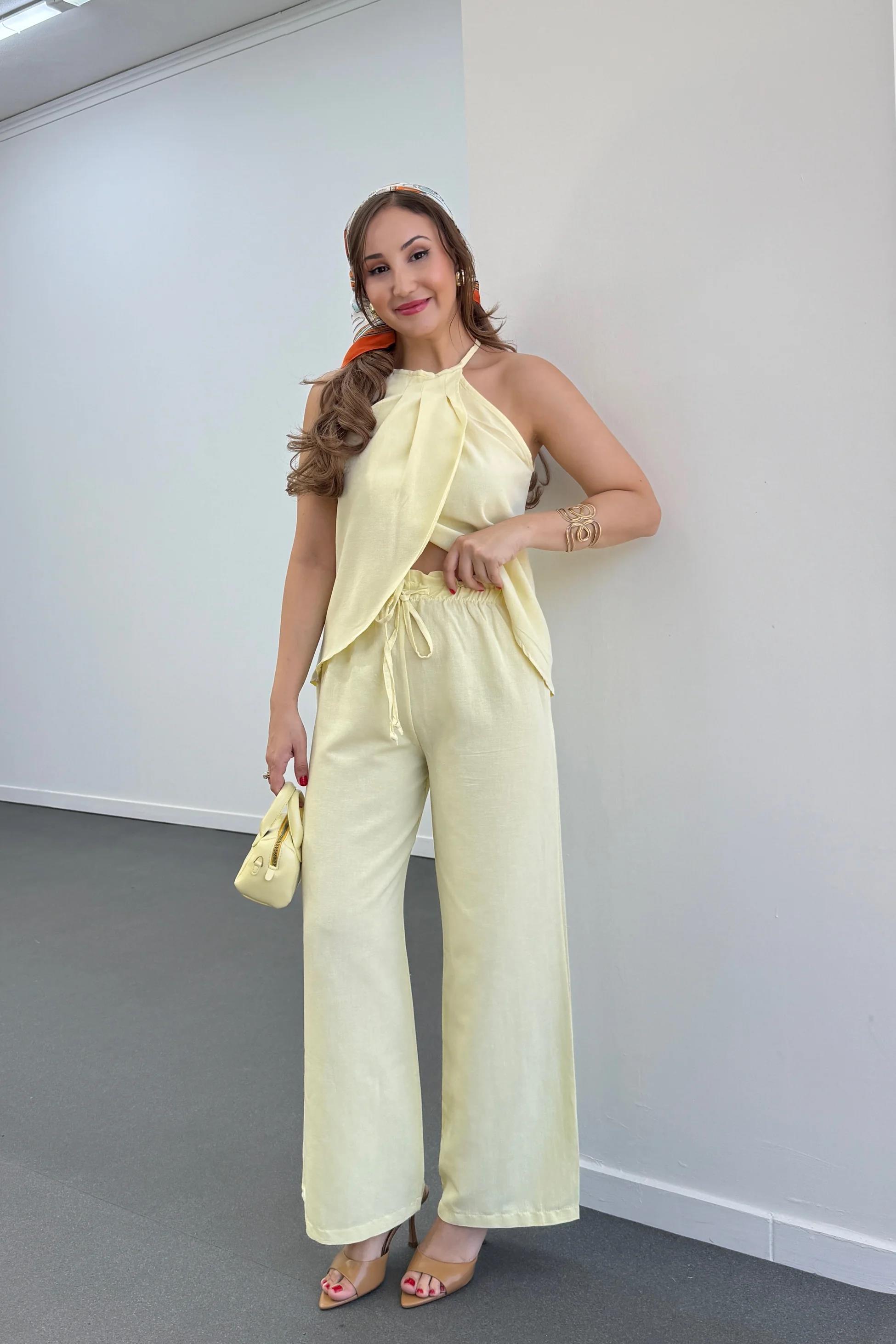 Lenora Sarı Keten Kruvaze Halter Yaka Bluz Ve Pantolon Takım