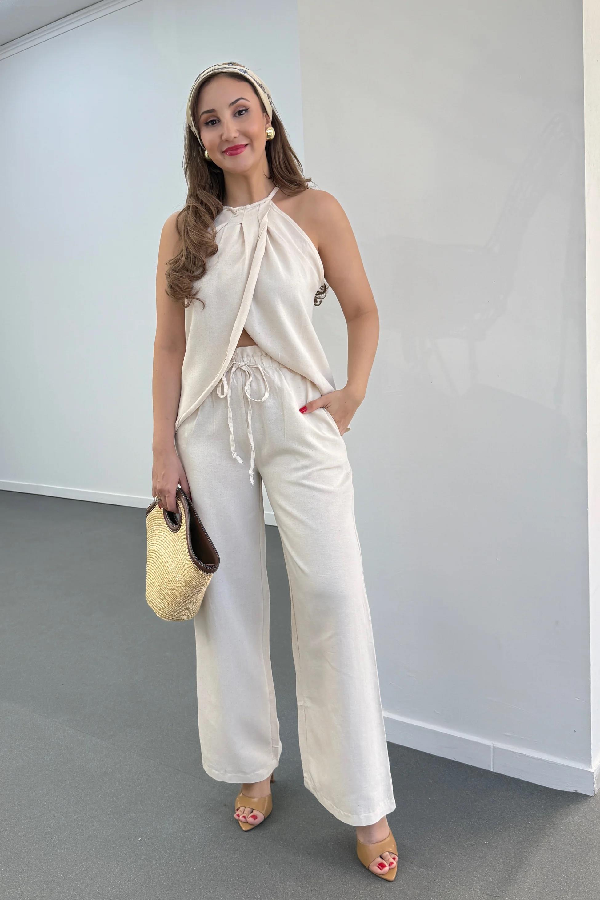 Lenora Taş Keten Kruvaze Halter Yaka Bluz Ve Pantolon Takım