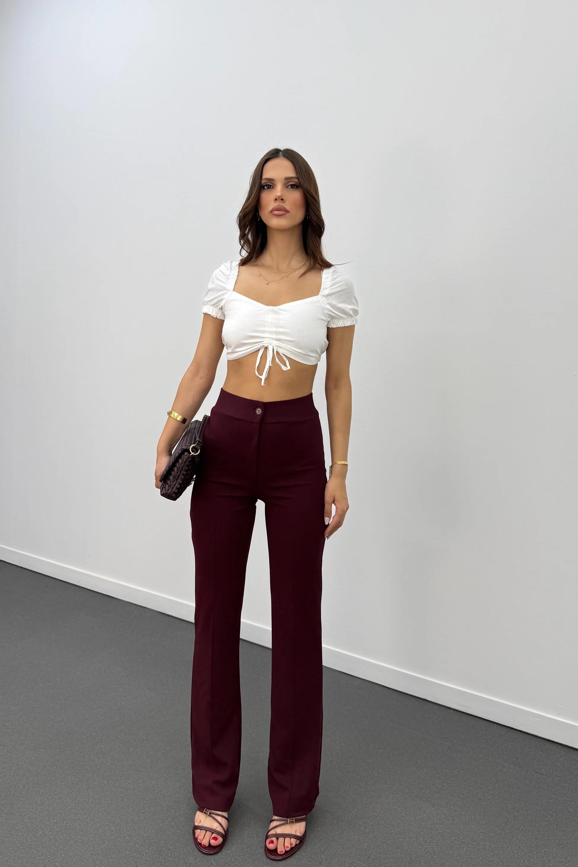 Leo Bordo Likralı Süper Yüksek Bel Kumaş Pantolon
