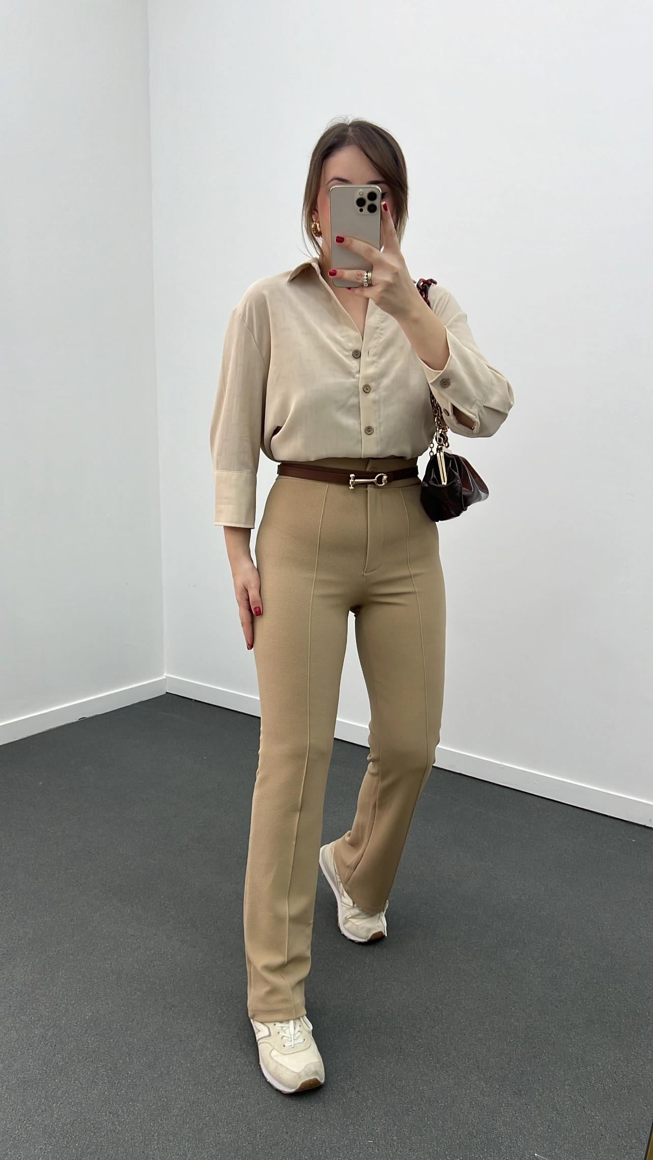 Leo Camel Likralı Süper Yüksek Bel Kumaş Pantolon