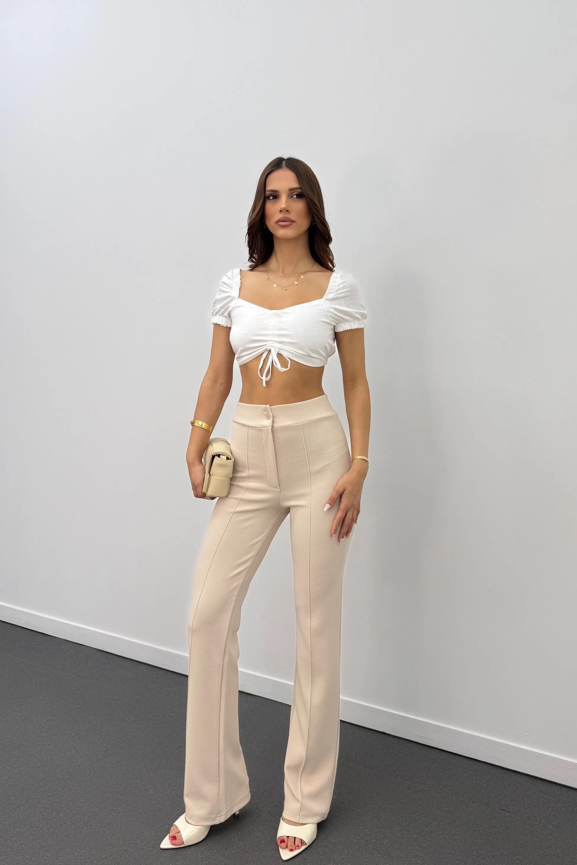 Leo Krem Likralı Süper Yüksek Bel Kumaş Pantolon