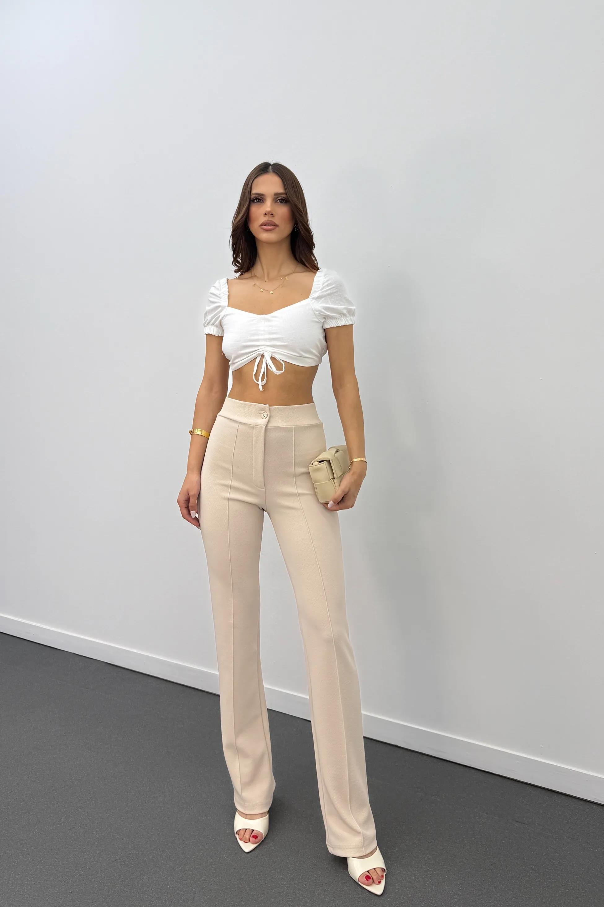 Leo Krem Likralı Süper Yüksek Bel Kumaş Pantolon