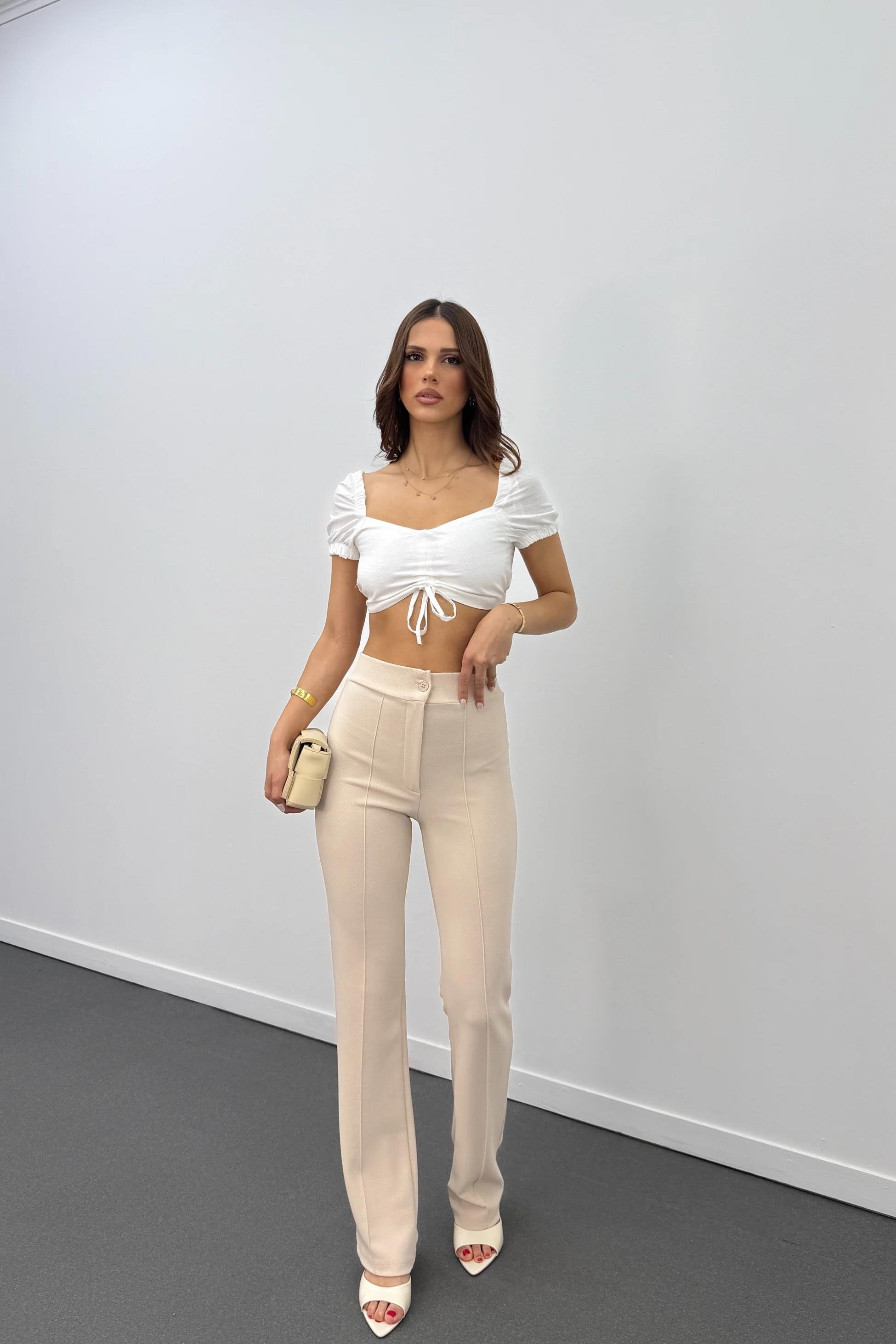 Leo Krem Likralı Süper Yüksek Bel Kumaş Pantolon