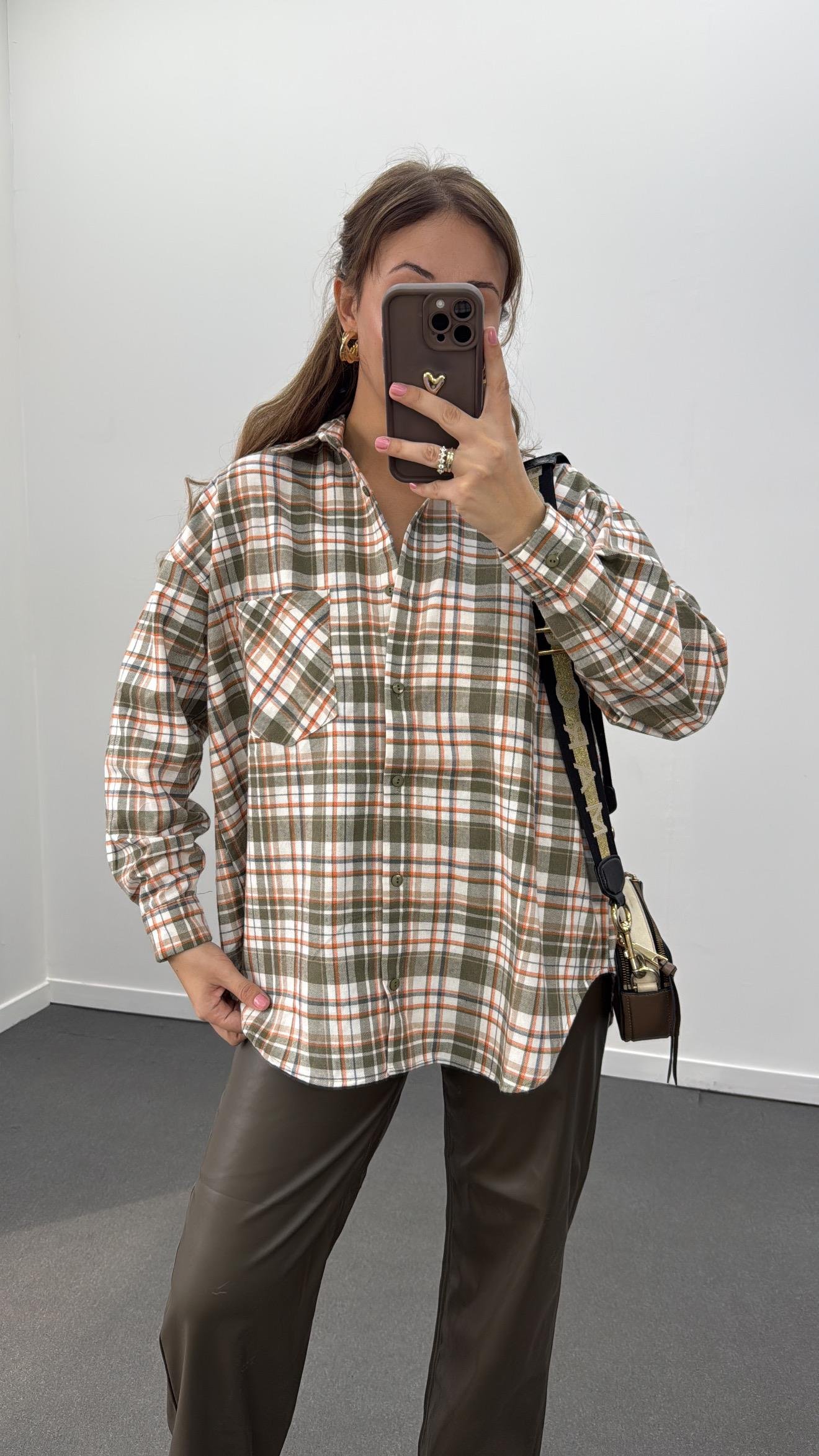 Leona Haki Turuncu Ekoseli Oduncu Gömlek