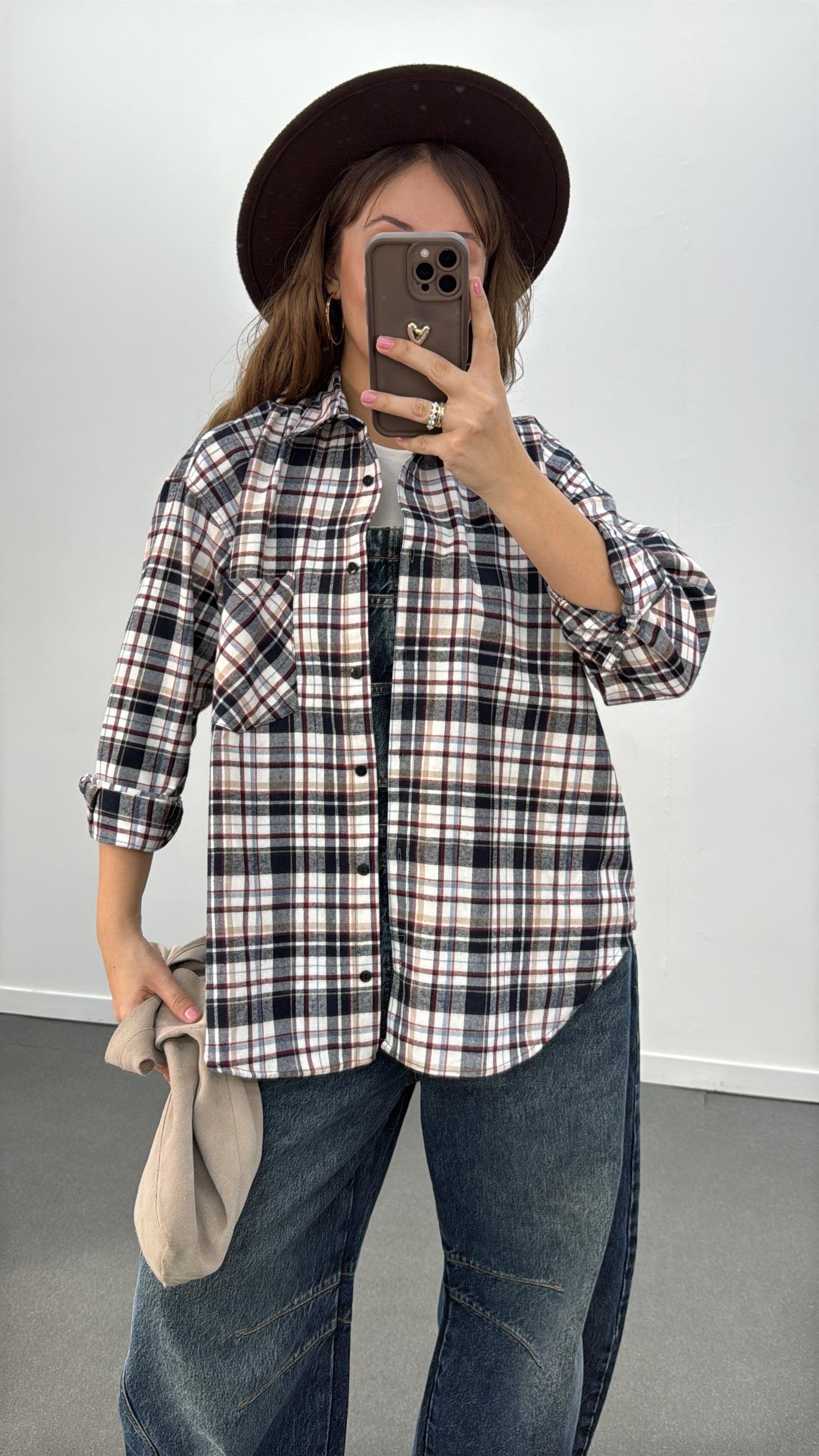 Leona Lacivert  Ekoseli Oduncu Gömlek