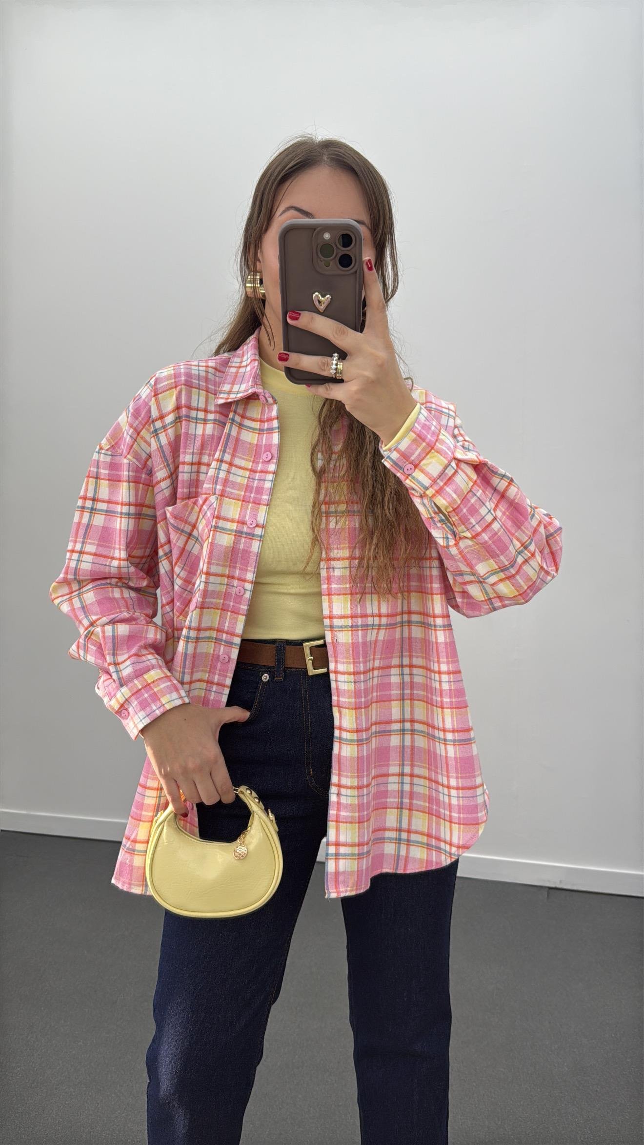 Leona Pembe Sarı Ekoseli Oduncu Gömlek