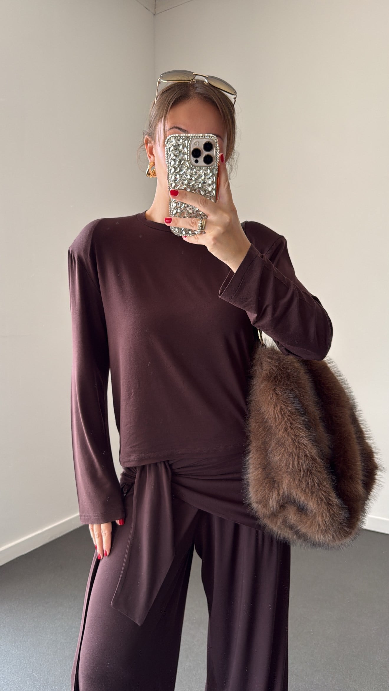 Leontine Acı Kahve Vatkalı Bluz ve Bağlamalı Pantolon Takımı
