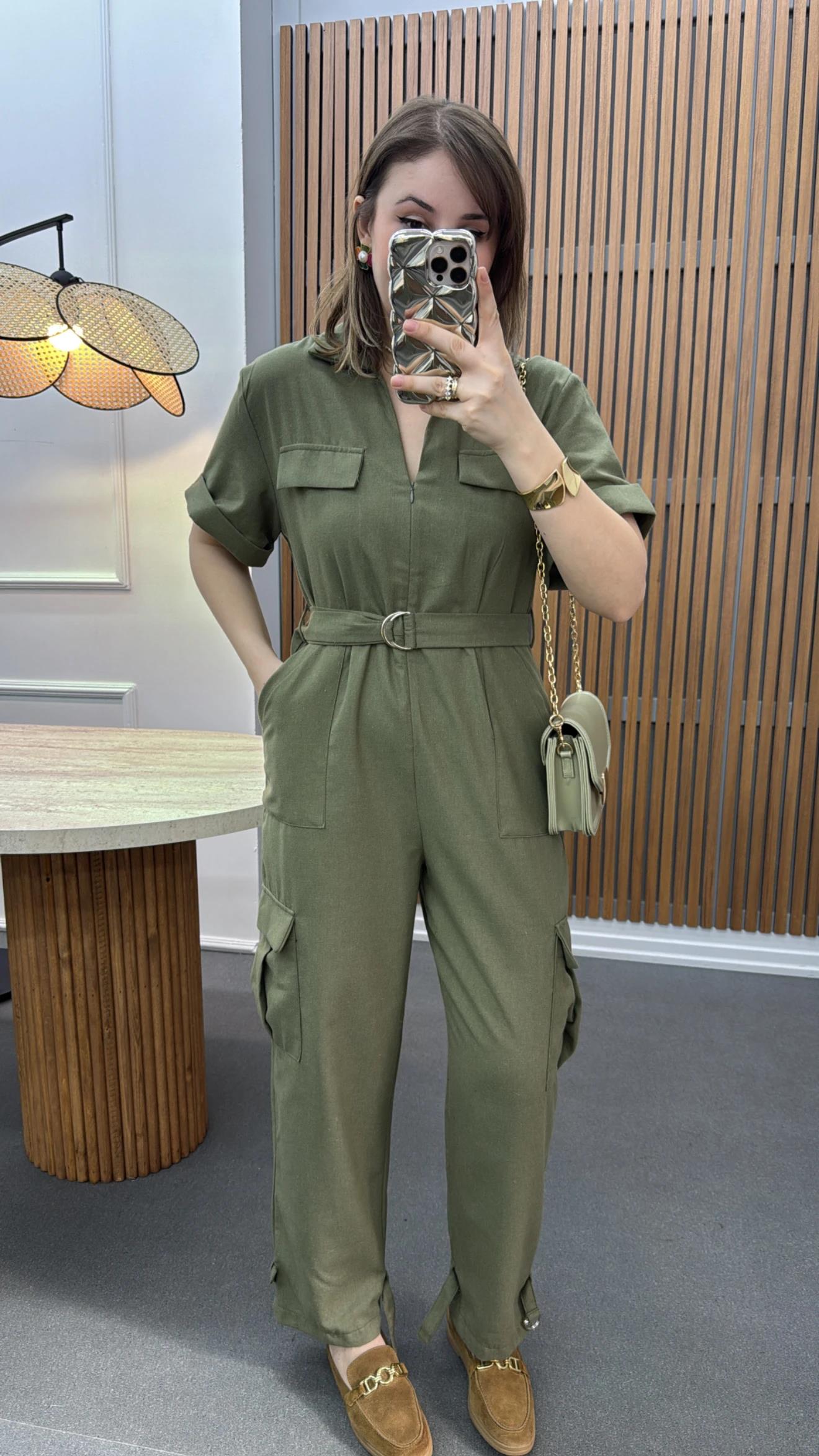 Lexy Haki Keten Karışımlı Tulum