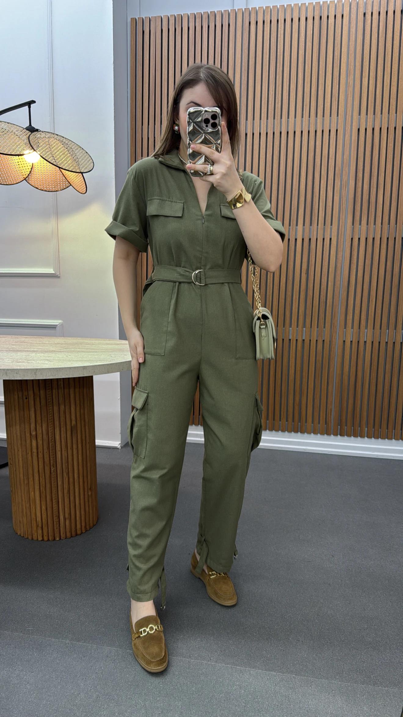 Lexy Haki Keten Karışımlı Tulum