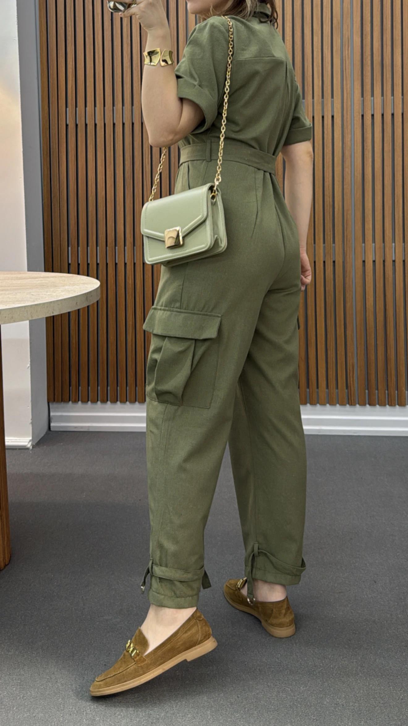 Lexy Haki Keten Karışımlı Tulum