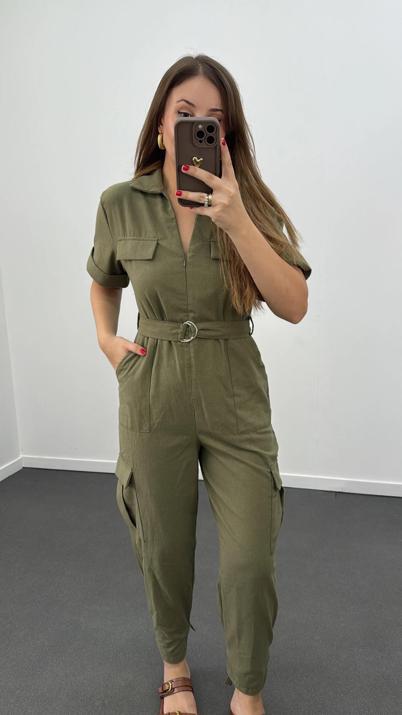 Lexy Haki Keten Karışımlı Tulum