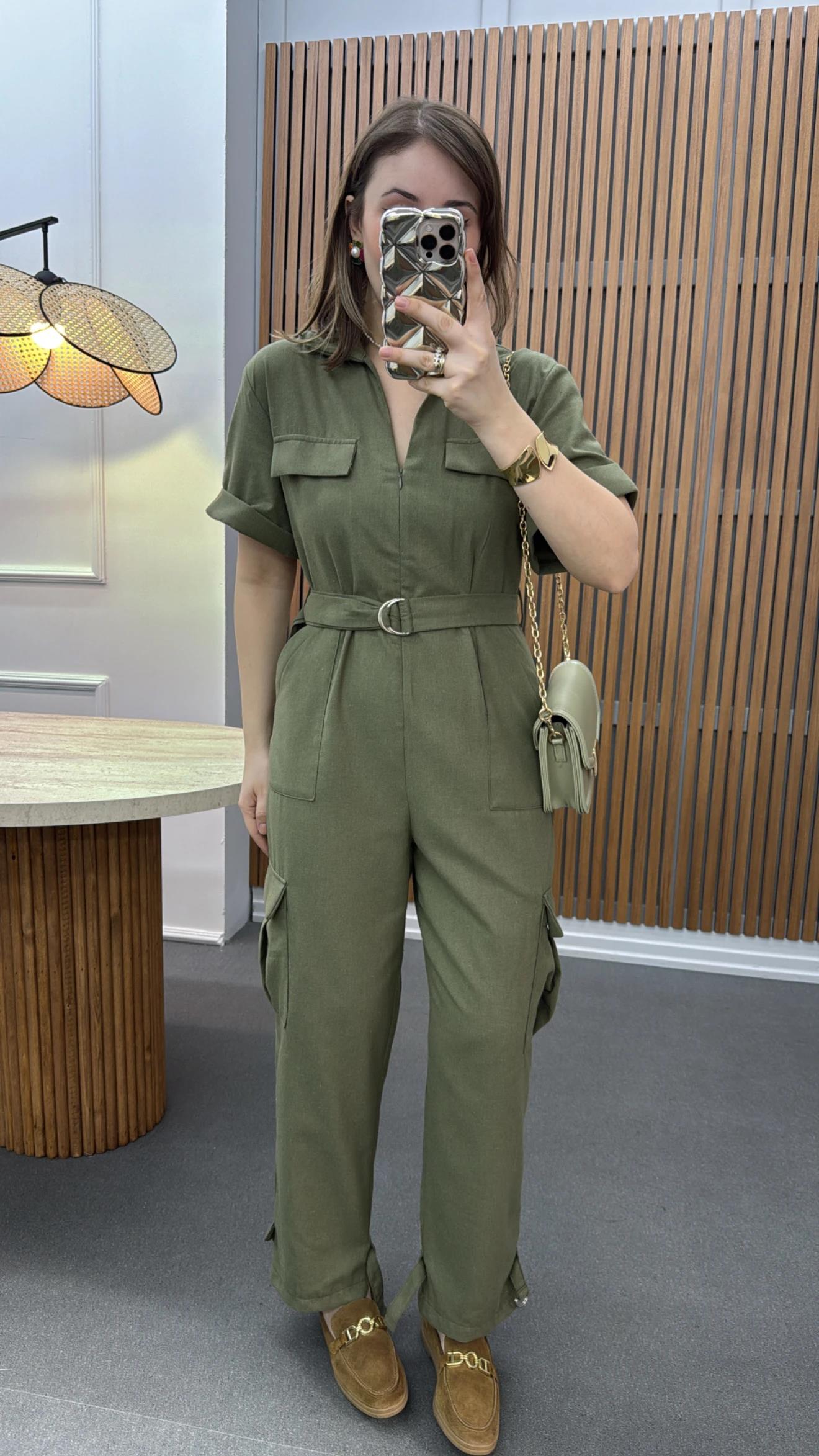 Lexy Haki Keten Karışımlı Tulum