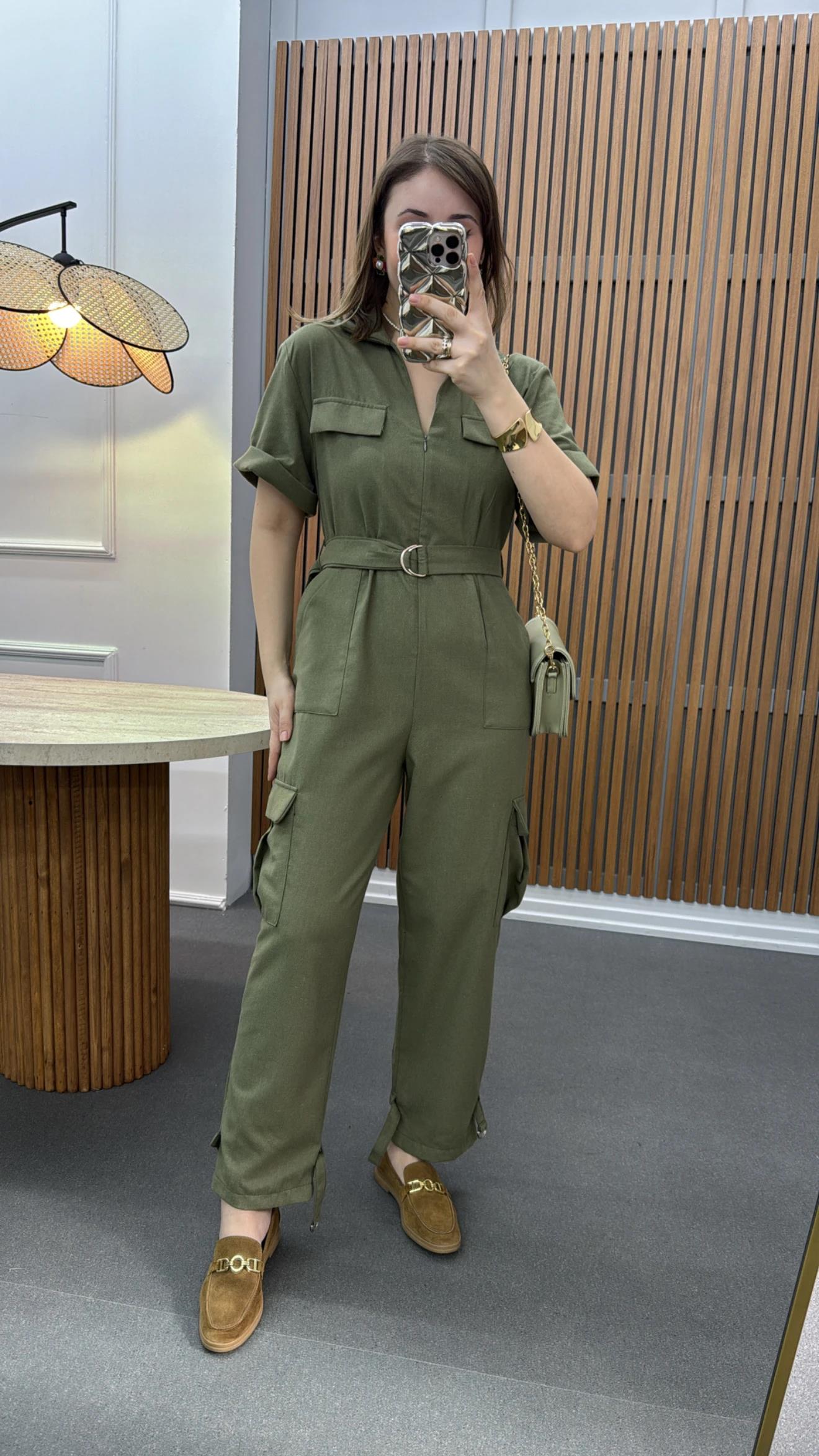 Lexy Haki Keten Karışımlı Tulum